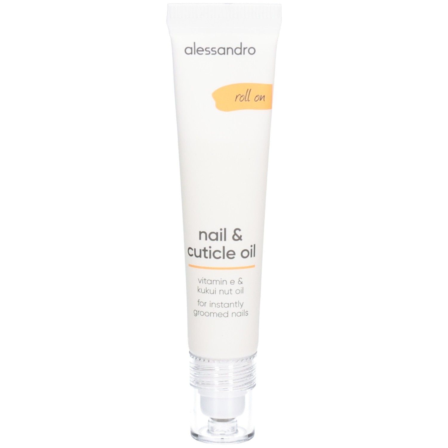 Weiß-orange Tube mit Roll-on-Applikator. Beschriftung: alessandro, roll on, nail & cuticle oil, vitamin e & kukui nut oil.