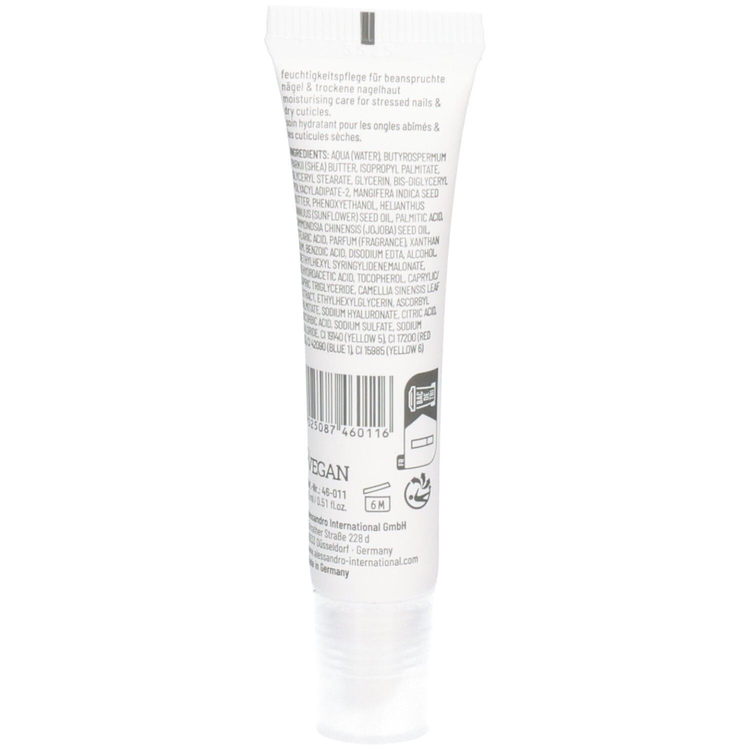 Weiße Tube mit Text und Barcode. Enthält Inhaltsstoffe und Informationen. Vegan-Logo.