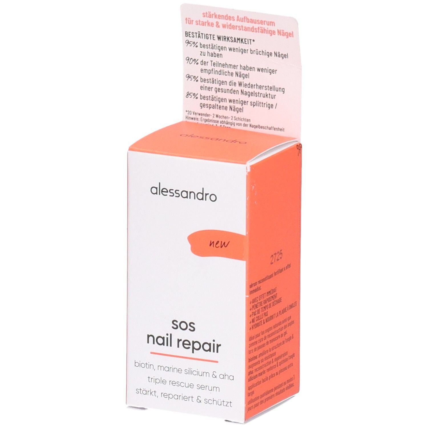 Weiße Schachtel mit orangefarbenem Deckel. Aufschrift: alessandro, SOS Nail Repair. Enthält Informationen zur Nagelreparatur.