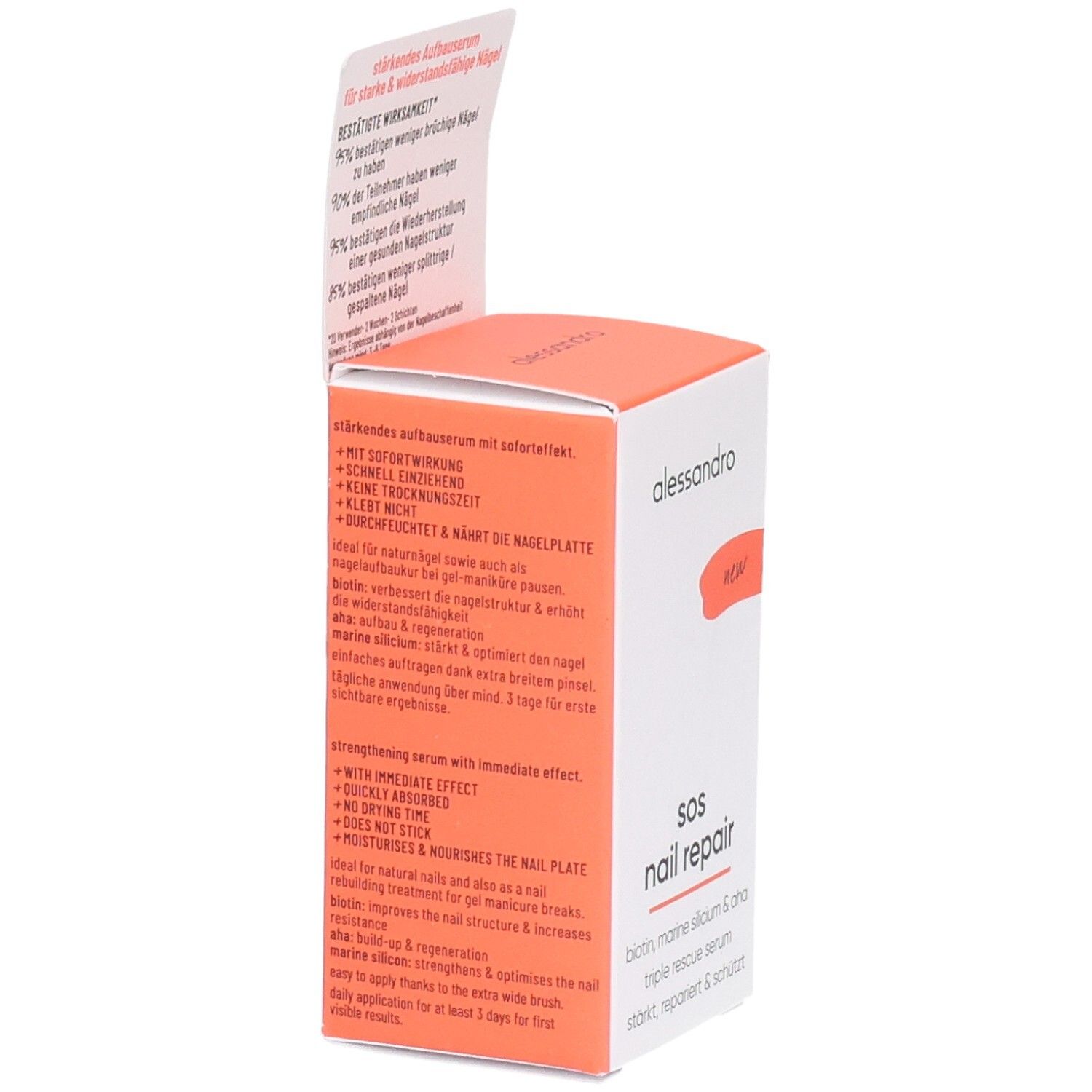 Weiße Schachtel mit orangefarbenem Deckel. Aufschrift: alessandro, SOS Nail Repair. Enthält Informationen zur Nagelreparatur.