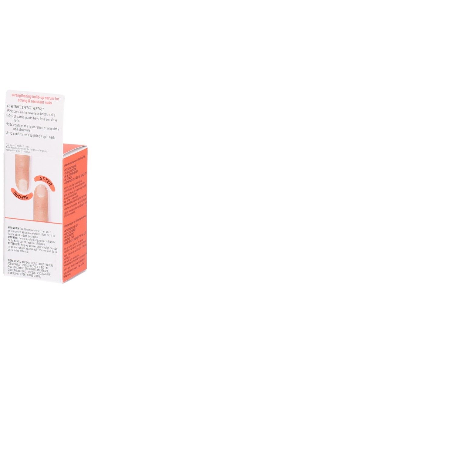 Weiße und orangefarbene Schachtel. Aufschrift: alessandro, SOS Nail Repair. Enthält Informationen zur Nagelreparatur.