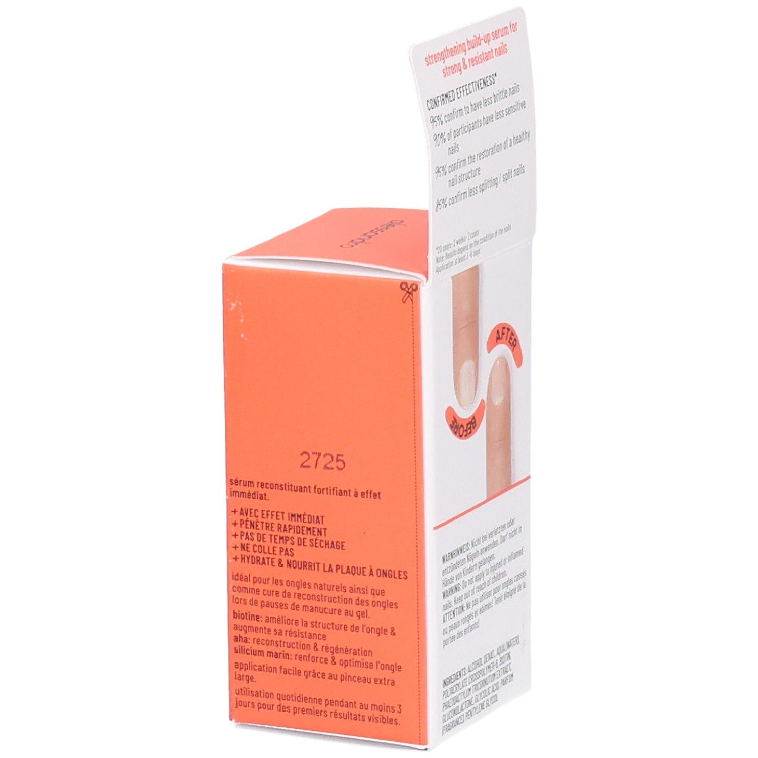 Weiße und orangefarbene Schachtel. Aufschrift: alessandro, SOS Nail Repair. Enthält Informationen zur Nagelreparatur.