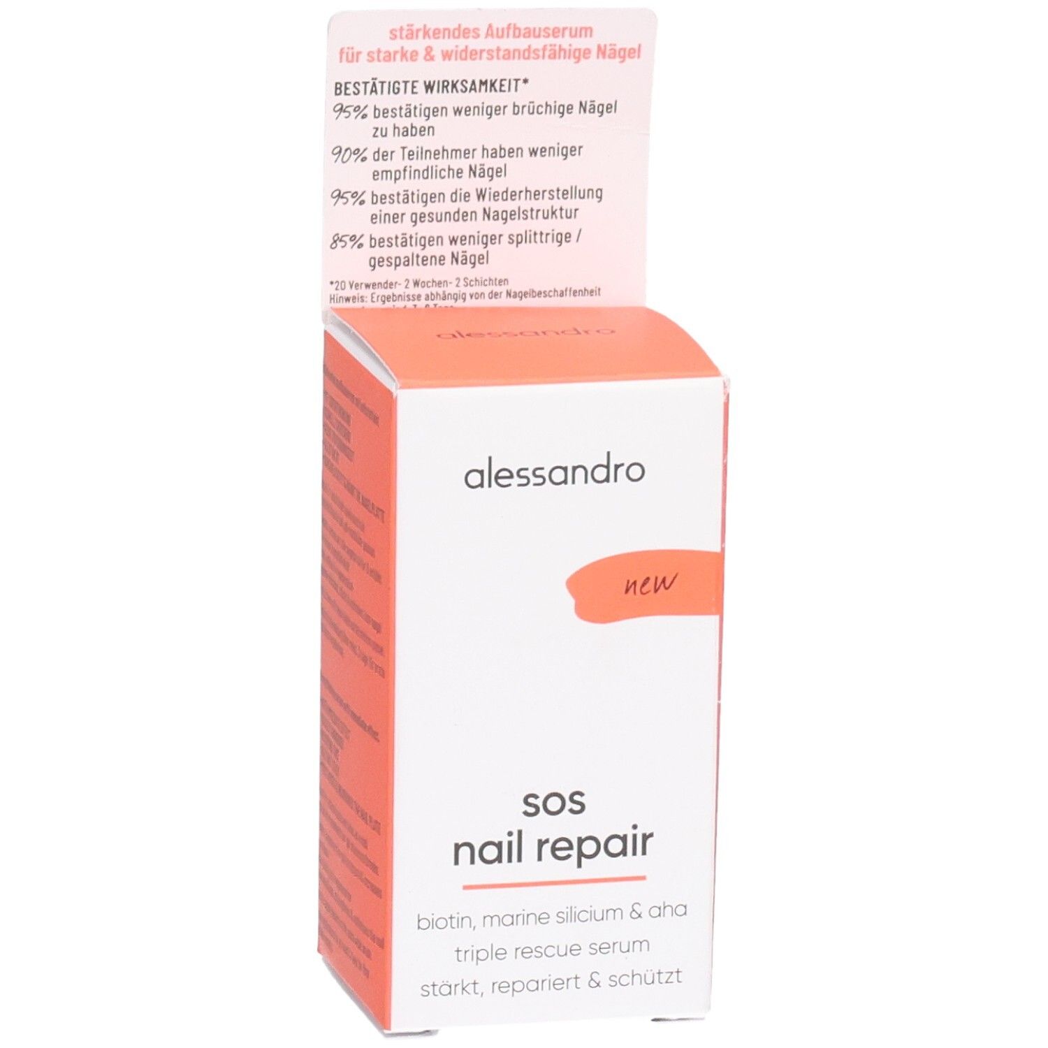 Weiße Schachtel mit orangefarbenem Deckel. Aufschrift: alessandro, SOS Nail Repair. Enthält Informationen zur Nagelreparatur.