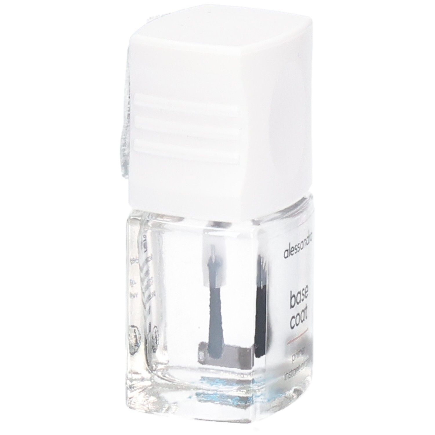 Klare Nagellackflasche mit weißem Deckel. Aufschrift: alessandro, base coat, primer, instant air dry. Pinsel sichtbar.