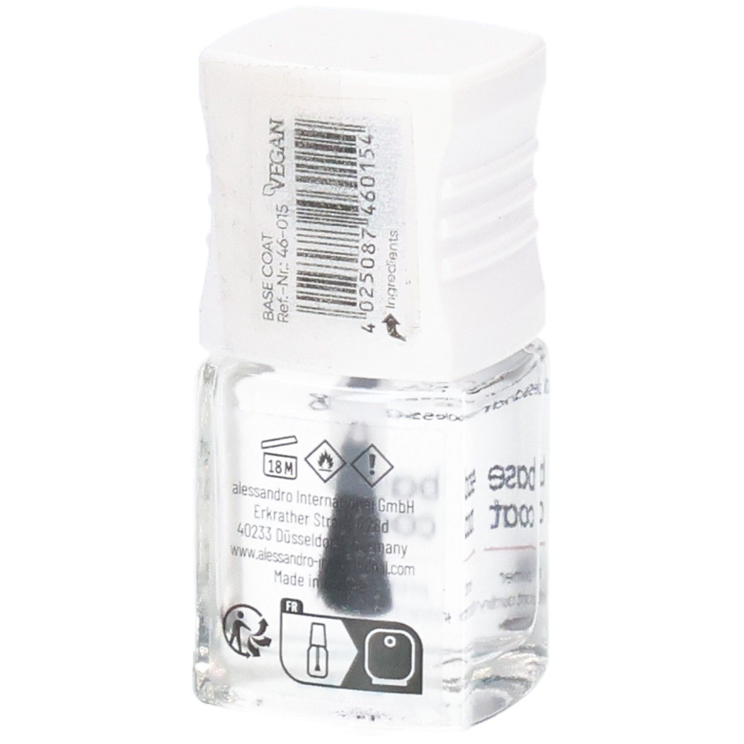 Klare Nagellackflasche mit weißem Deckel. Aufschrift: alessandro, base coat. Vegan-Siegel. Pinsel sichtbar. Rückseite mit Text.