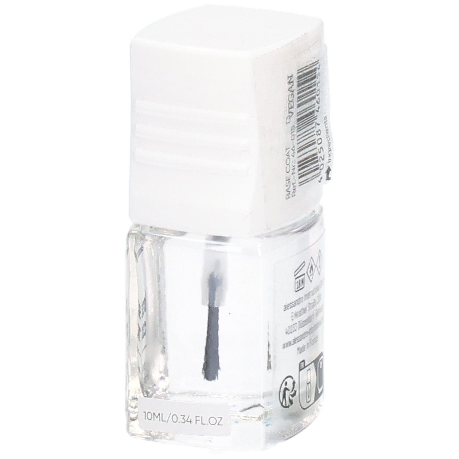 Klare Nagellackflasche mit weißem Deckel. Aufschrift: alessandro, base coat. Vegan-Siegel. Pinsel sichtbar. Rückseite mit Text.