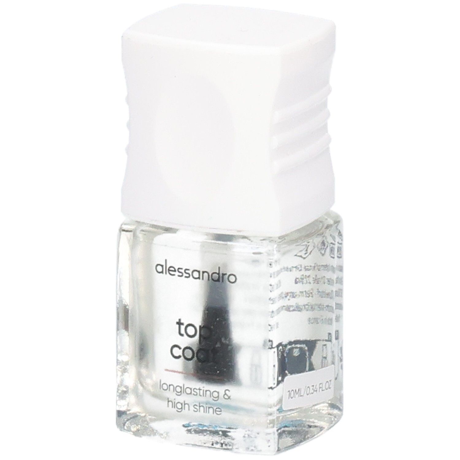 Klare Nagellackflasche mit weißem Deckel. Beschriftung: alessandro, top coat, longlasting & high shine.