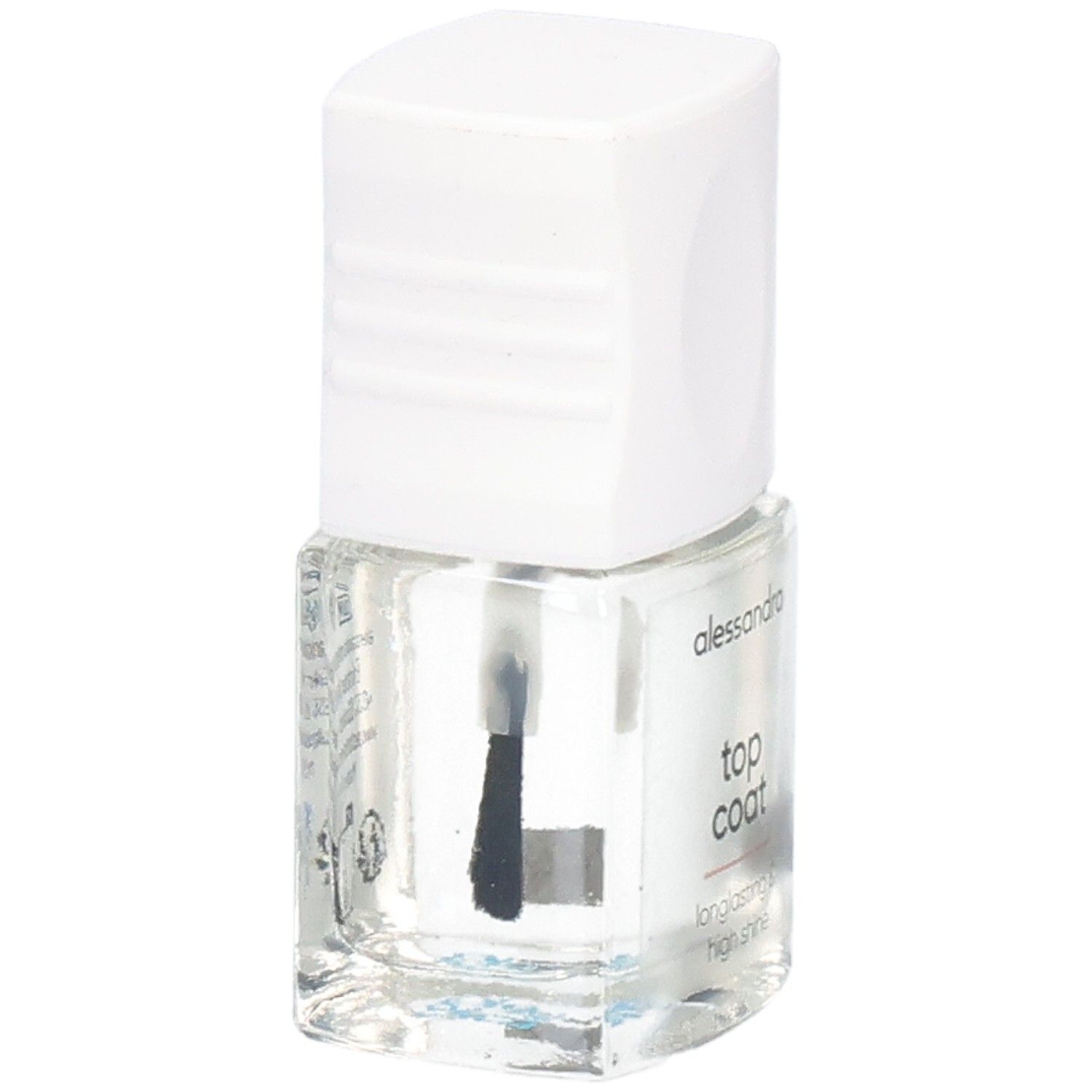 Klare Nagellackflasche mit weißem Deckel und Pinsel. Beschriftung: alessandro, top coat.
