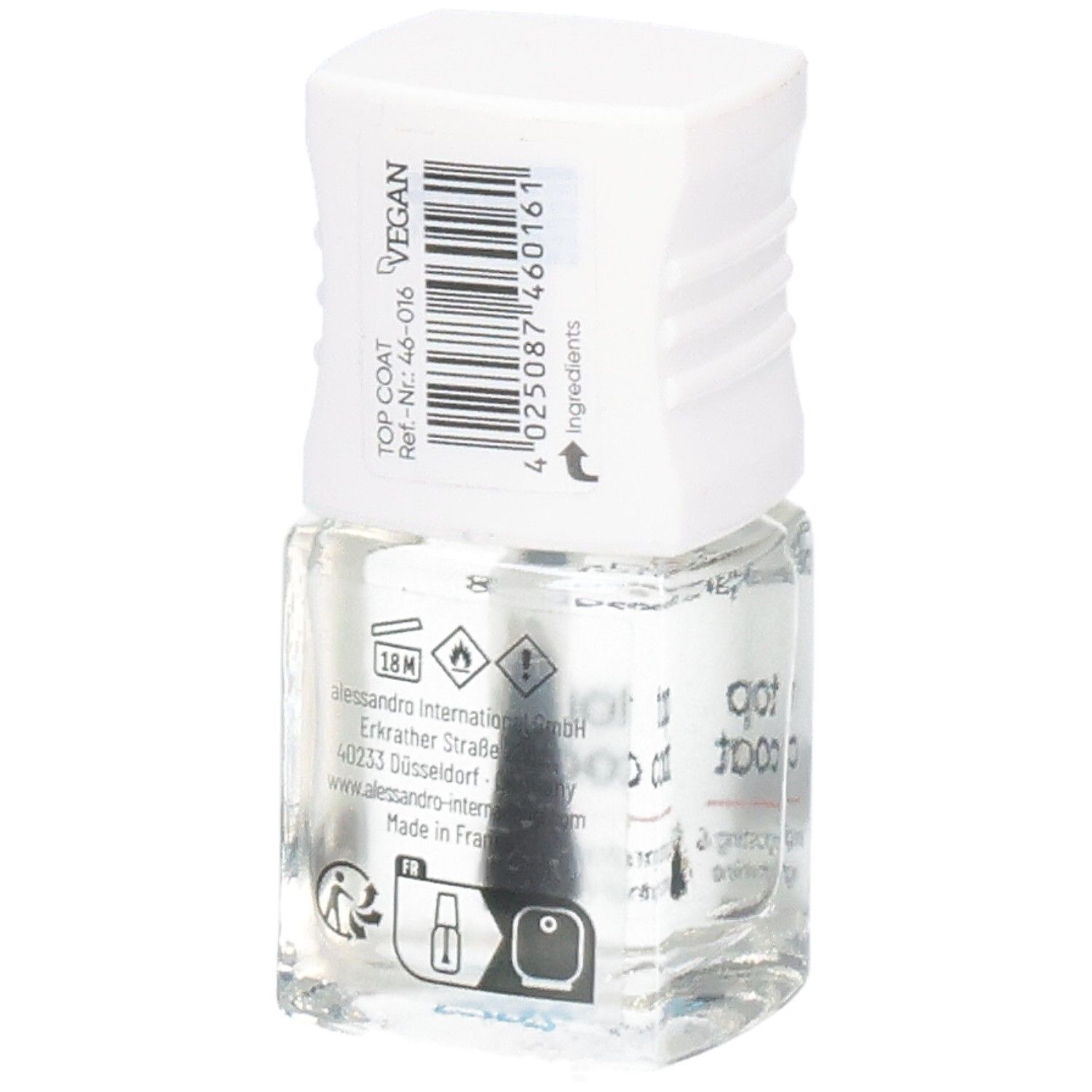 Klare Nagellackflasche mit weißem Deckel. Aufkleber mit Text und Barcode. Vegan-Logo.