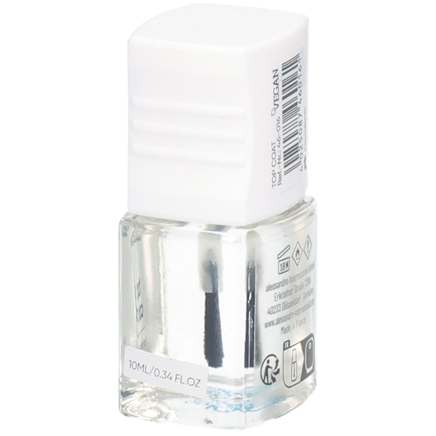 Klare Nagellackflasche mit weißem Deckel und Pinsel. Aufkleber mit Text und Barcode. Vegan-Logo.
