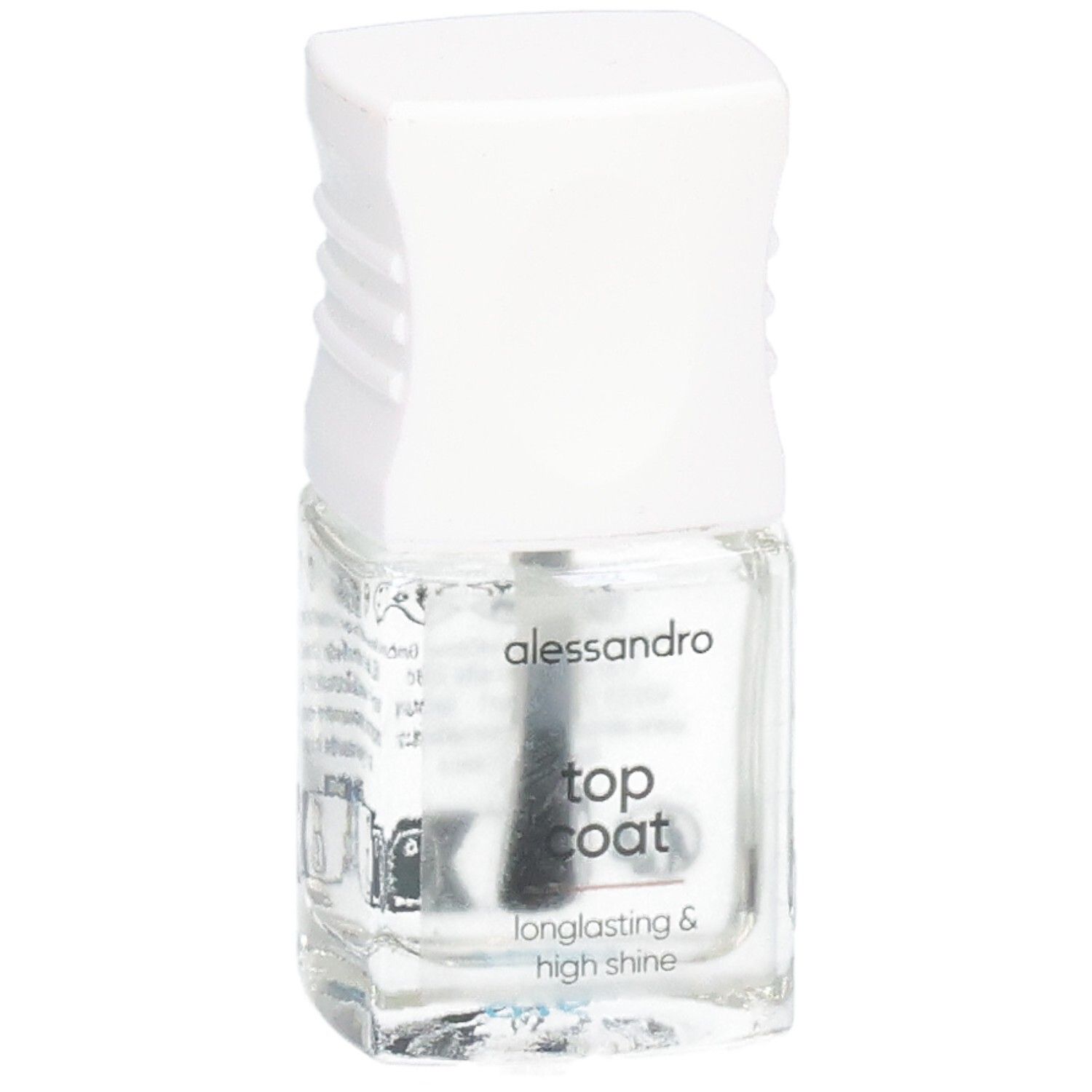 Klare Nagellackflasche mit weißem Deckel und Pinsel. Beschriftung: alessandro, top coat.