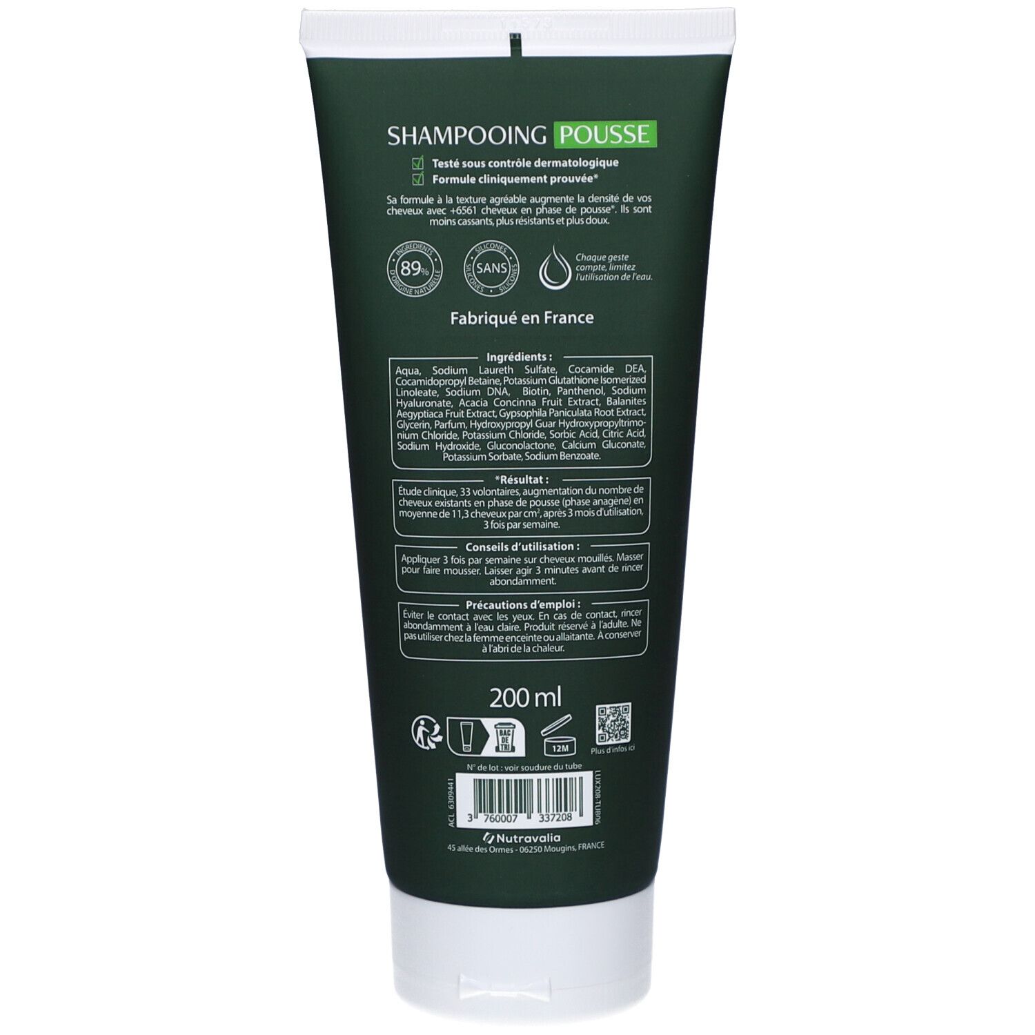 Rückseite der grünen Tube. Text mit Inhaltsstoffen, Anwendungshinweisen und Warnhinweisen. 200 ml.