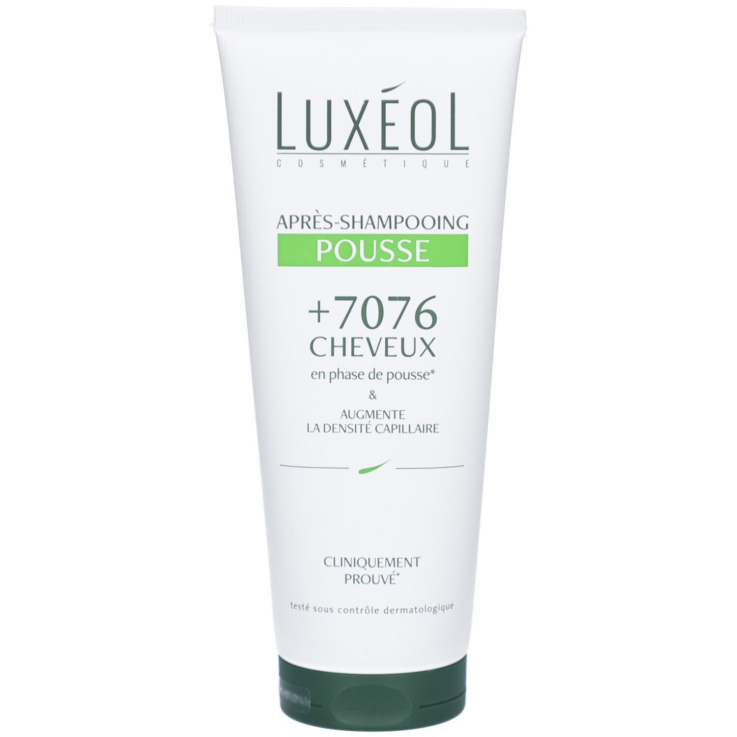 Weiße Tube mit grünem Deckel. LUXEOL-Logo und Produktbezeichnung. Text: APRÈS-SHAMPOOING POUSSE, +7076 CHEVEUX, CLINQUEMENT PROUVÉ.