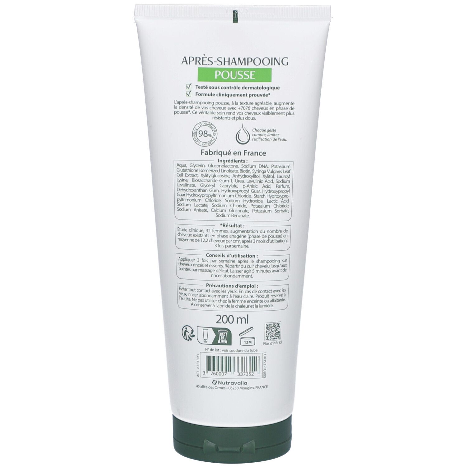 Rückseite der Tube. Text: APRÈS-SHAMPOOING POUSSE, Inhaltsstoffe, Fabriqué en France, 200 ml, QR-Code.