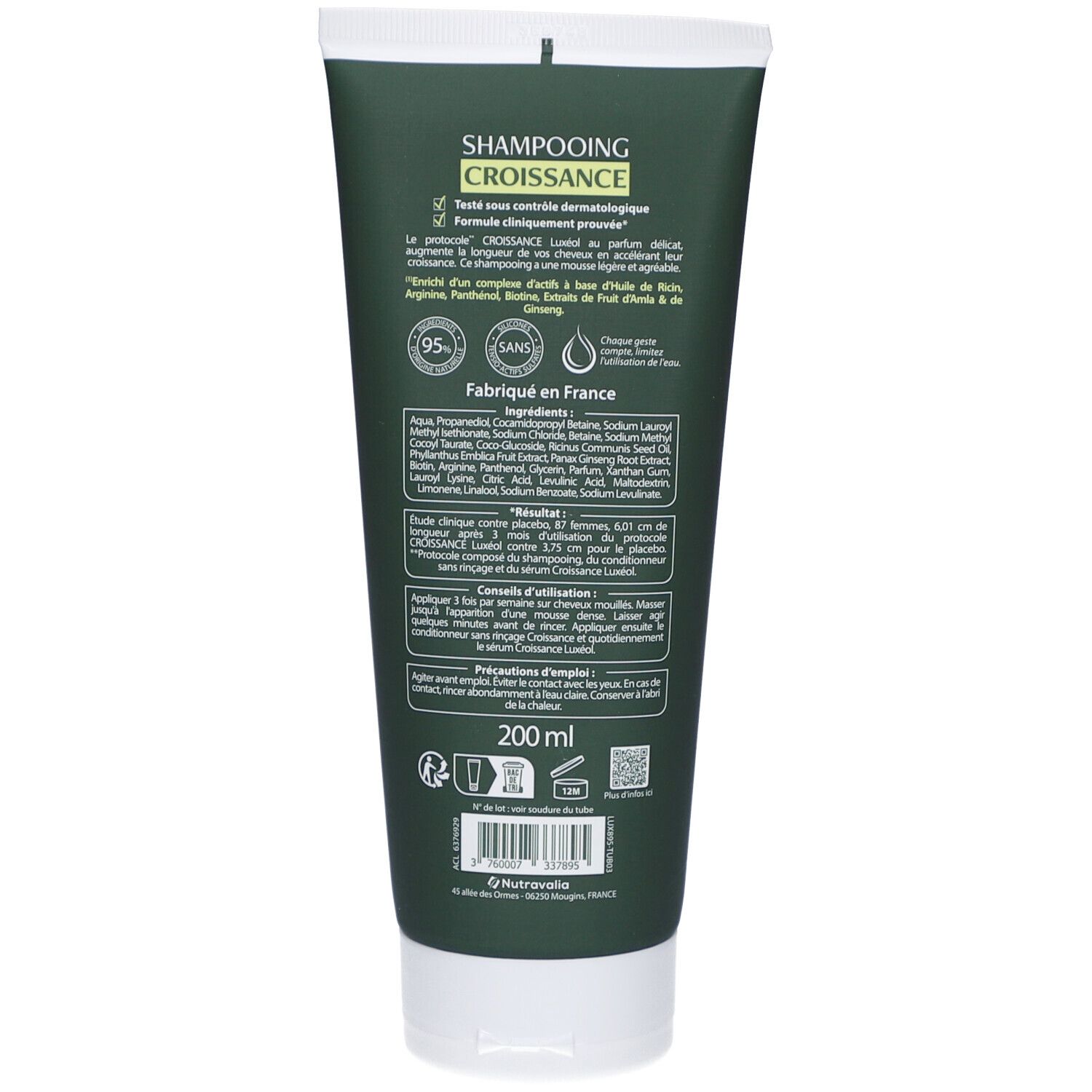 Rückseite der grünen Tube. Enthält Informationen zu Inhaltsstoffen, Anwendung und Hersteller. Mit Text in Französisch.