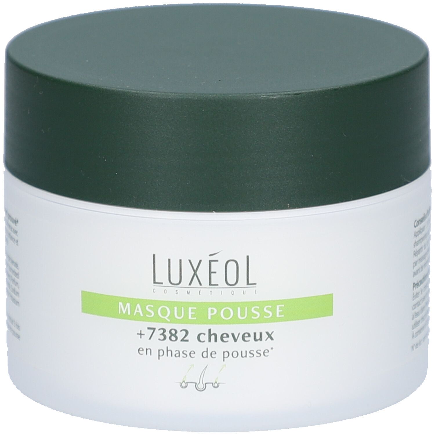 Pot blanc avec couvercle vert foncé. Logo LUXEOL et texte "MASQUE POUSSE" en vert. Texte : "+7382 cheveux en phase de pousse".