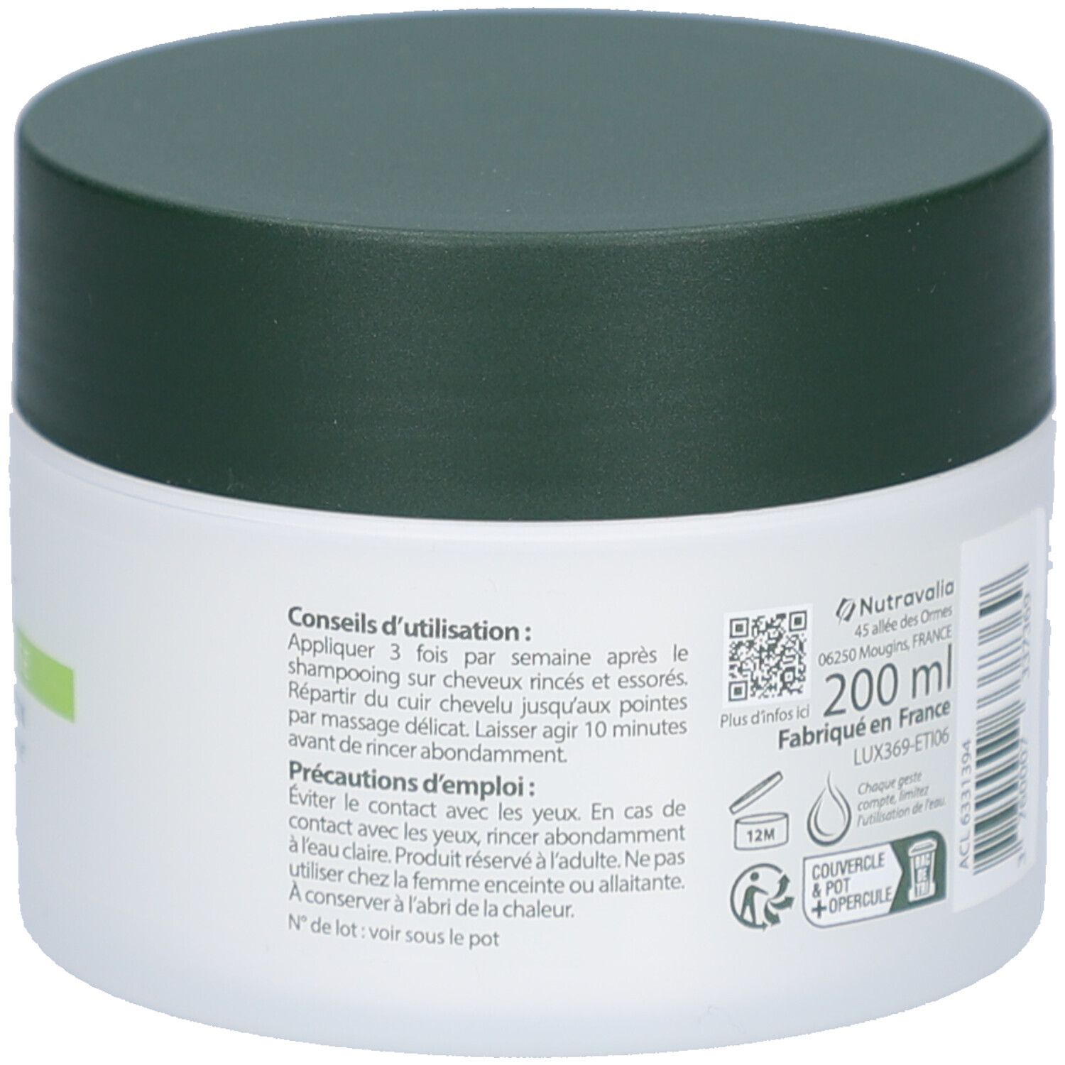 Dos du pot blanc avec couvercle vert foncé. Texte avec conseils d'utilisation et précautions. 200 ml.