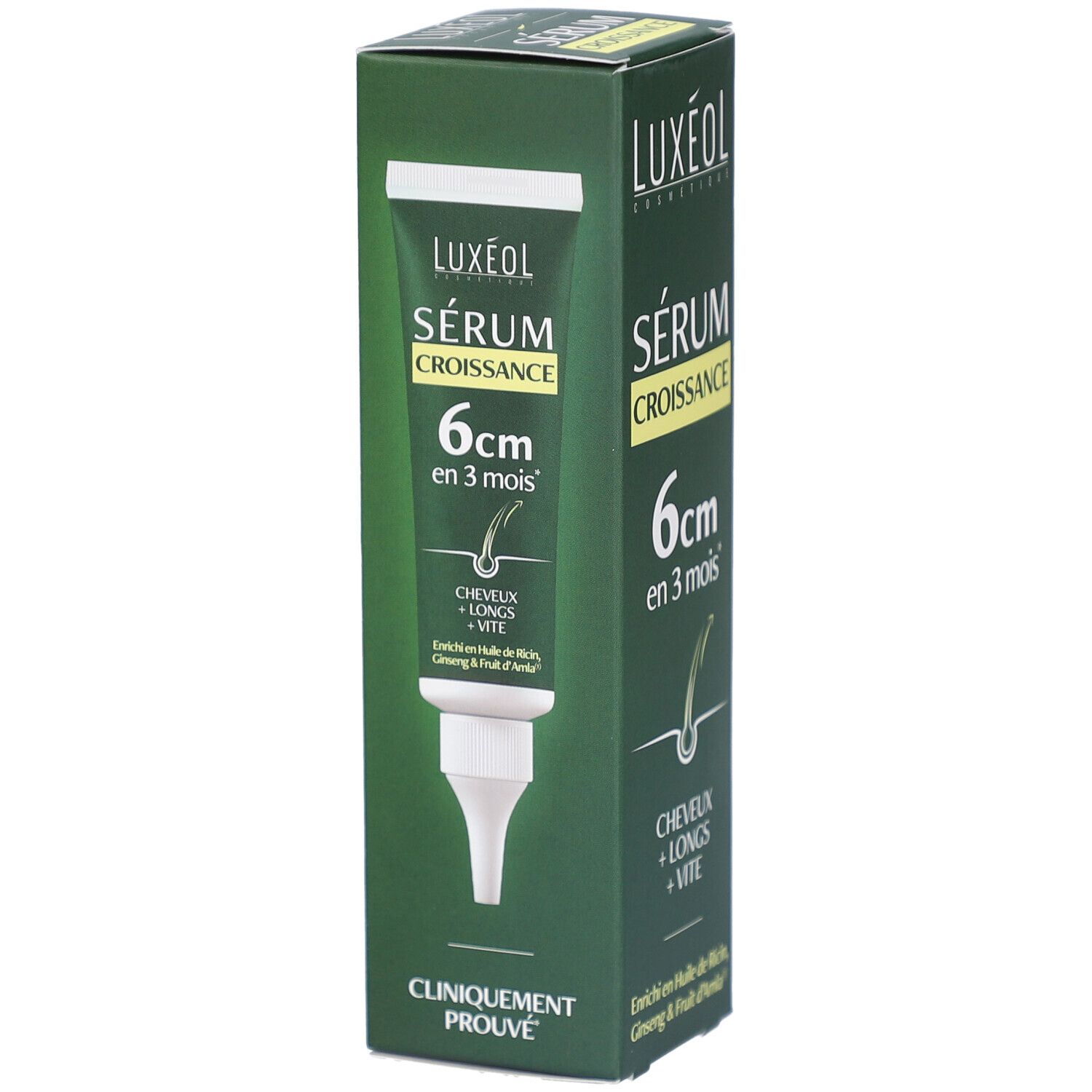 Grüne Schachtel mit LUXEOL-Logo und Produktnamen. Enthält Serum Croissance. Tube mit Applikator.
