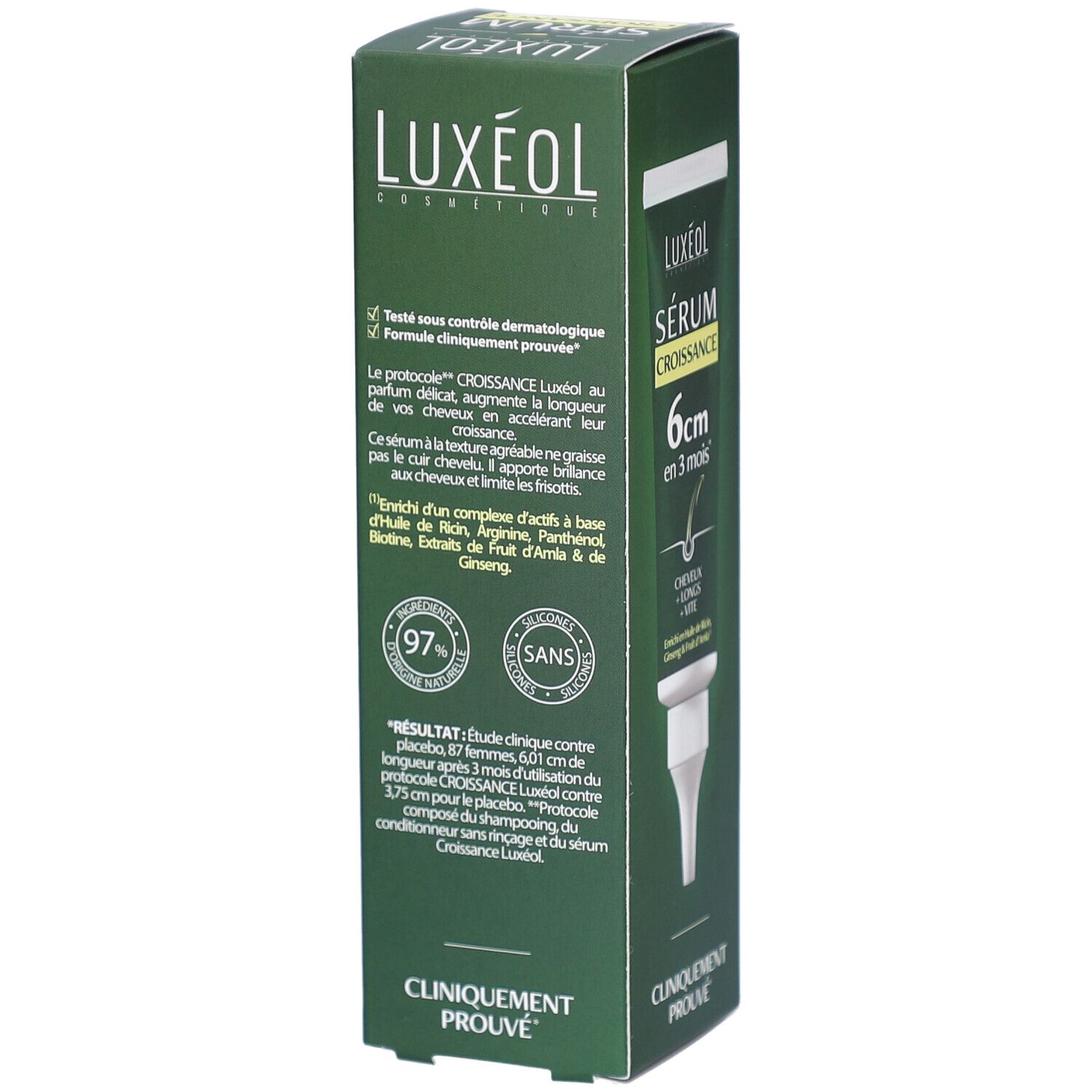 Rückseite der grünen Schachtel. LUXEOL-Logo, Produktname, Text. Klinisch geprüft. Inhaltsstoffe und Anwendungshinweise.