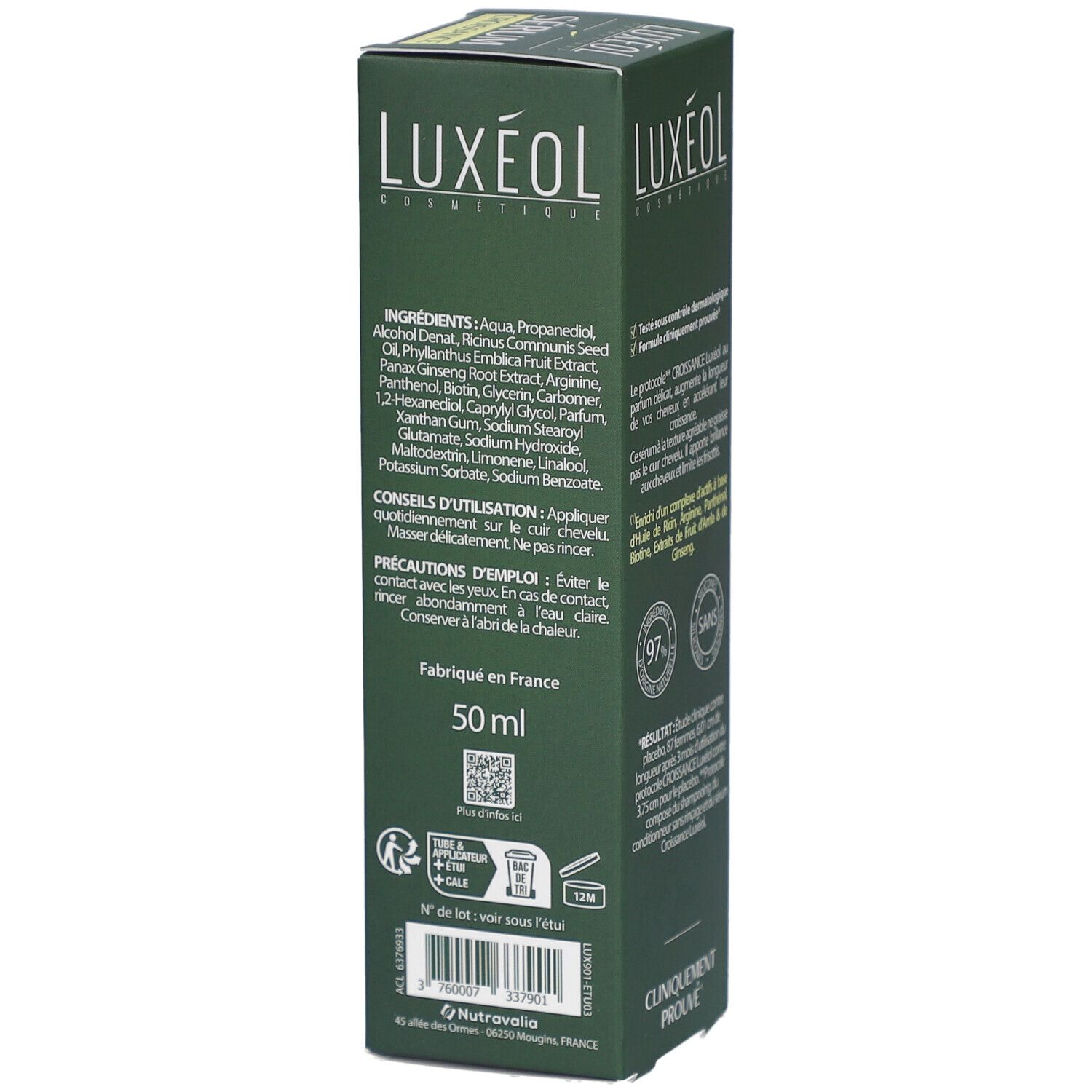 Rückseite der grünen Schachtel. LUXEOL-Logo, Produktname, Text. Inhaltsstoffe, Anwendungshinweise. 50 ml.
