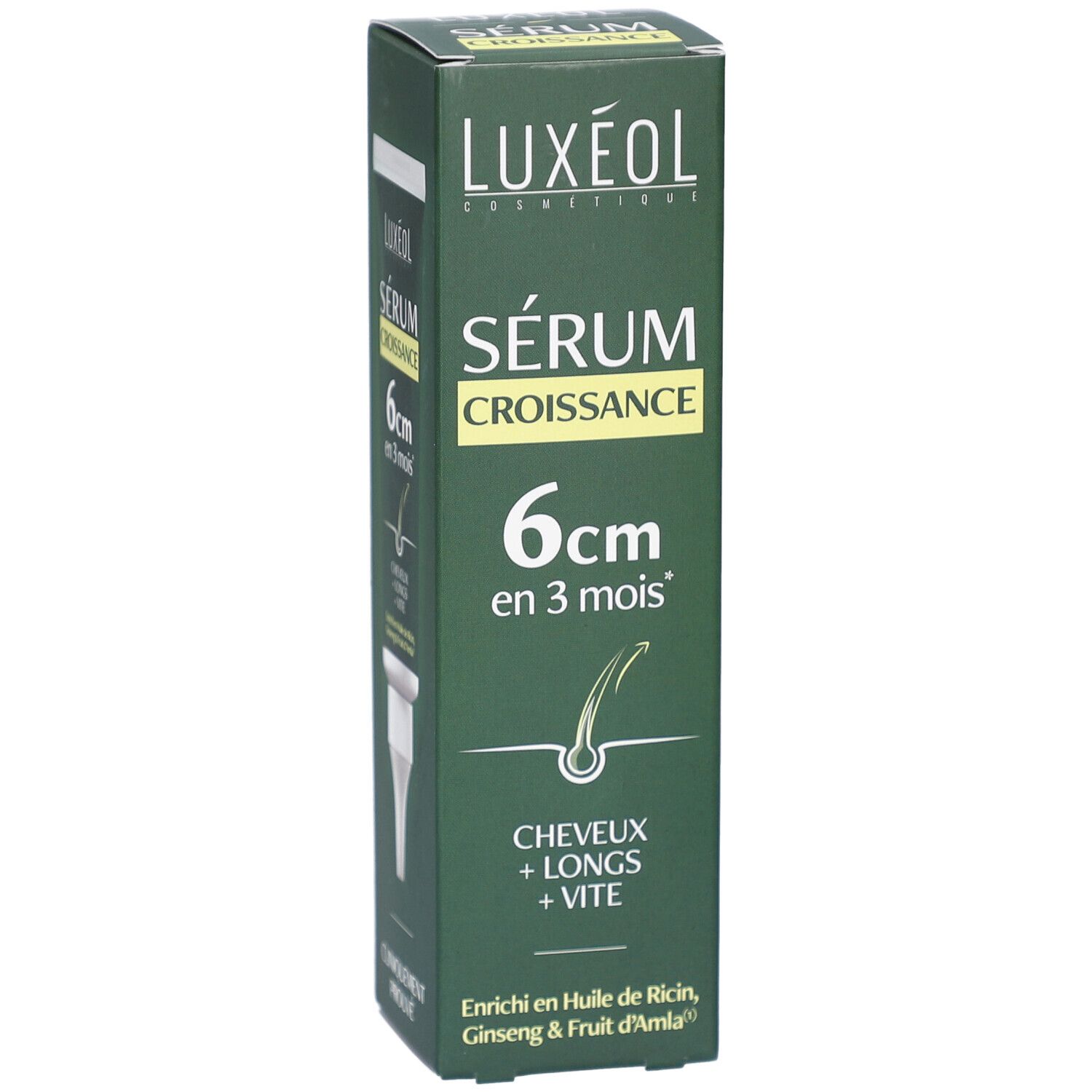 Grüne Schachtel mit LUXEOL-Logo und Produktnamen. Enthält Serum Croissance. Text: 6cm in 3 Monaten.