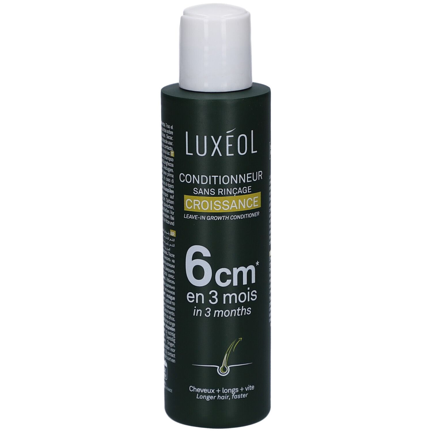 Grünes LUXEOL-Conditioner-Fläschchen mit weißem Deckel. Aufschrift: Conditionneur sans rinçage, Croissance, 6 cm in 3 Monaten.