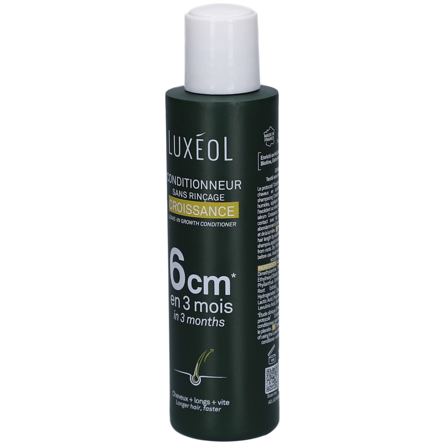 Grünes LUXEOL-Conditioner-Fläschchen mit weißem Deckel. Aufschrift: Conditionneur sans rinçage, Croissance, 6 cm in 3 Monaten.