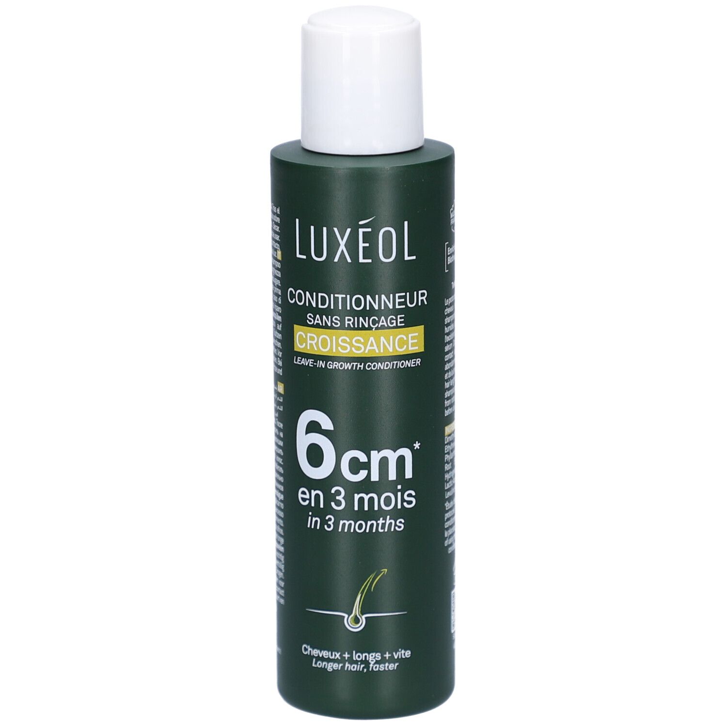 Grünes LUXEOL-Conditioner-Fläschchen mit weißem Deckel. Aufschrift: Conditionneur sans rinçage, Croissance, 6 cm in 3 Monaten.