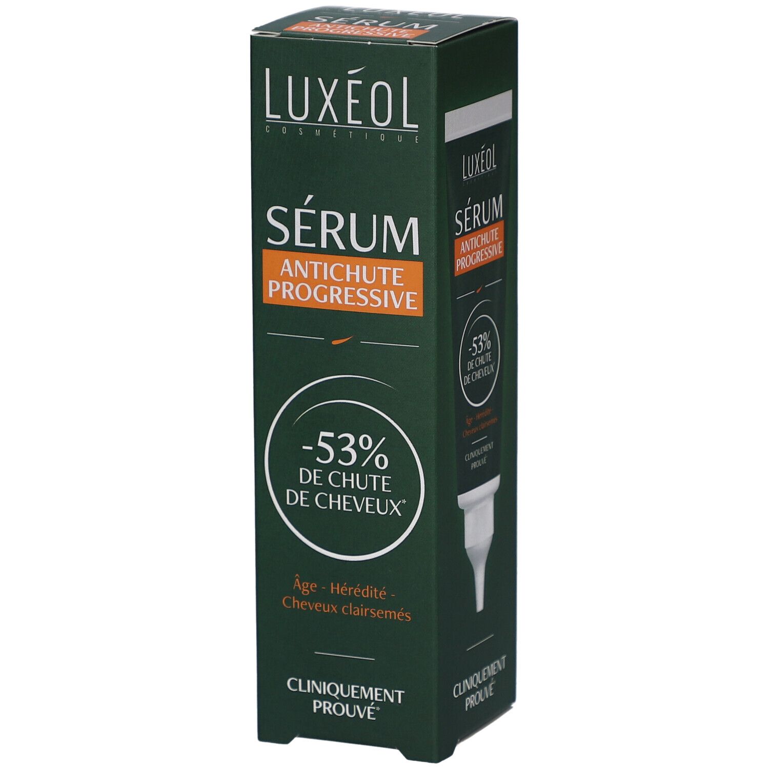 Boîte verte LUXÉOL Sérum Antichute Progressive. -53% de Chute de Cheveux. Cliniquement prouvé.