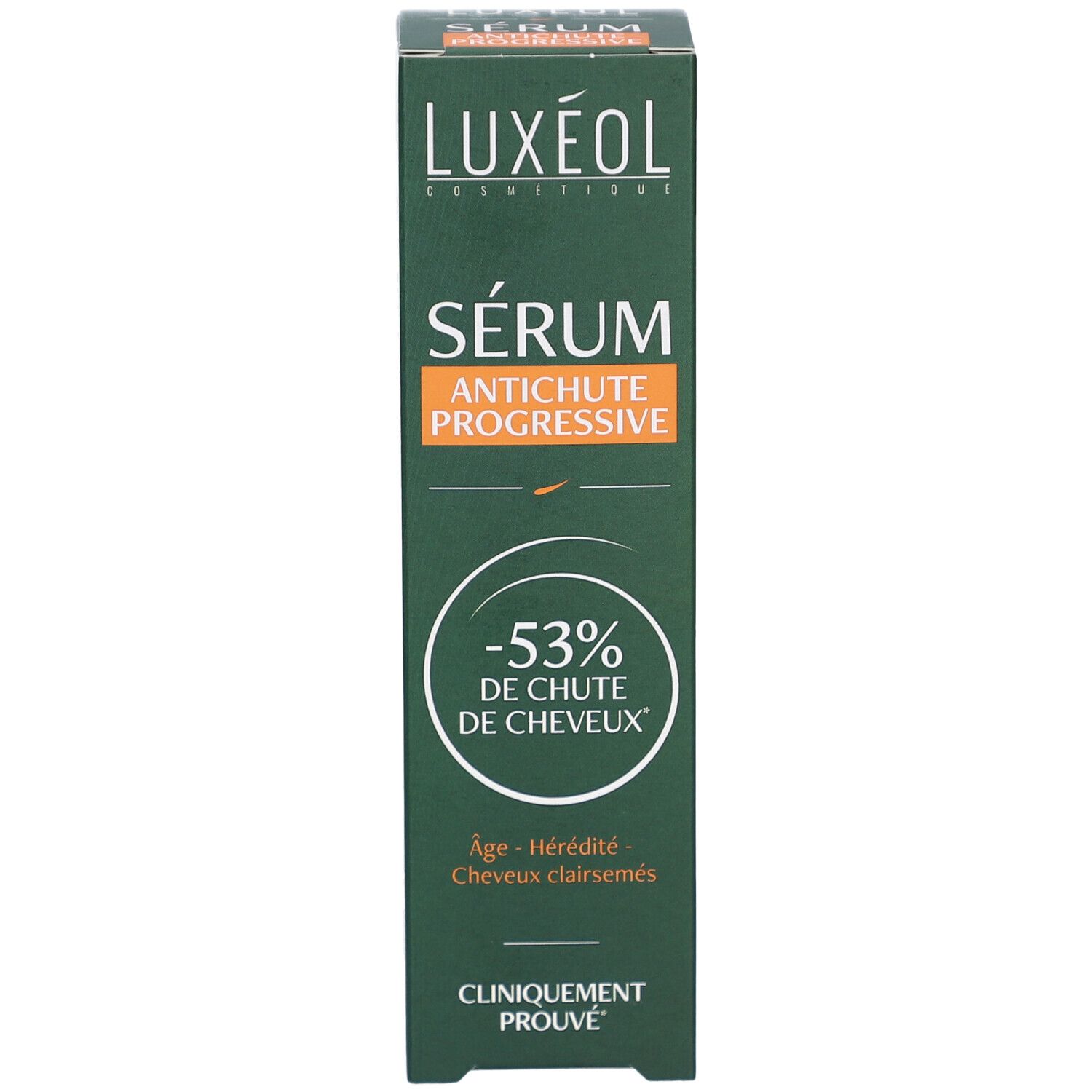 Boîte verte LUXÉOL Sérum Antichute Progressive. -53% de Chute de Cheveux. Cliniquement prouvé.