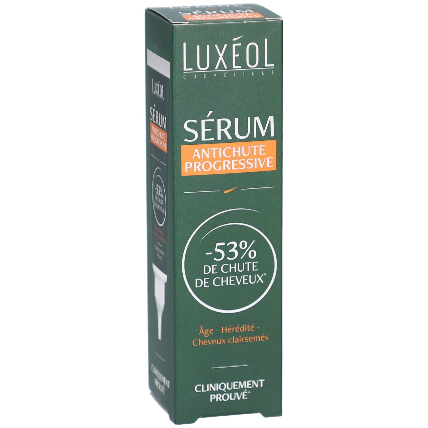 Boîte verte LUXÉOL Sérum Antichute Progressive. -53% de Chute de Cheveux. Cliniquement prouvé.