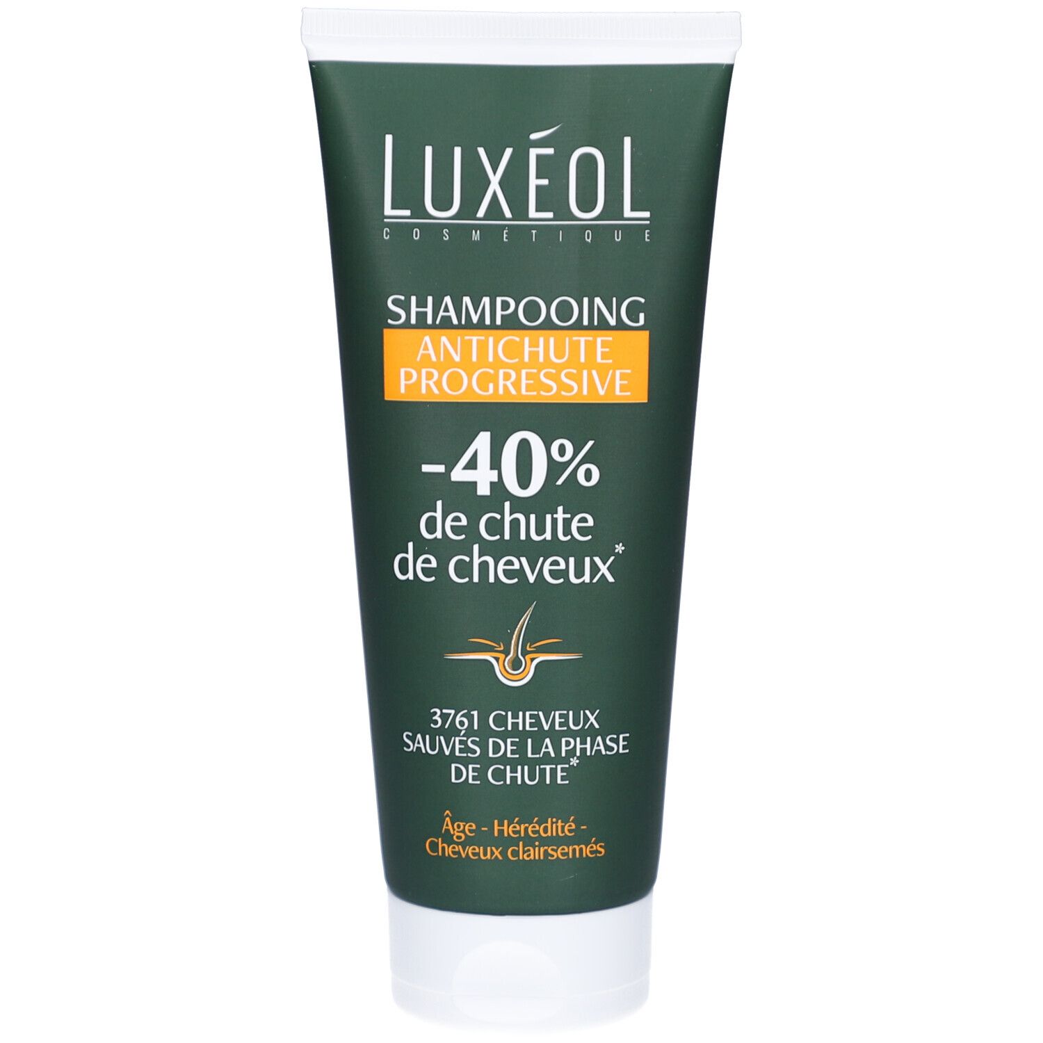 Tube vert avec bouchon blanc. Logo LUXEOL et texte: Shampooing Antichute Progressive. -40% de chute de cheveux. Texte et symbole cheveux.