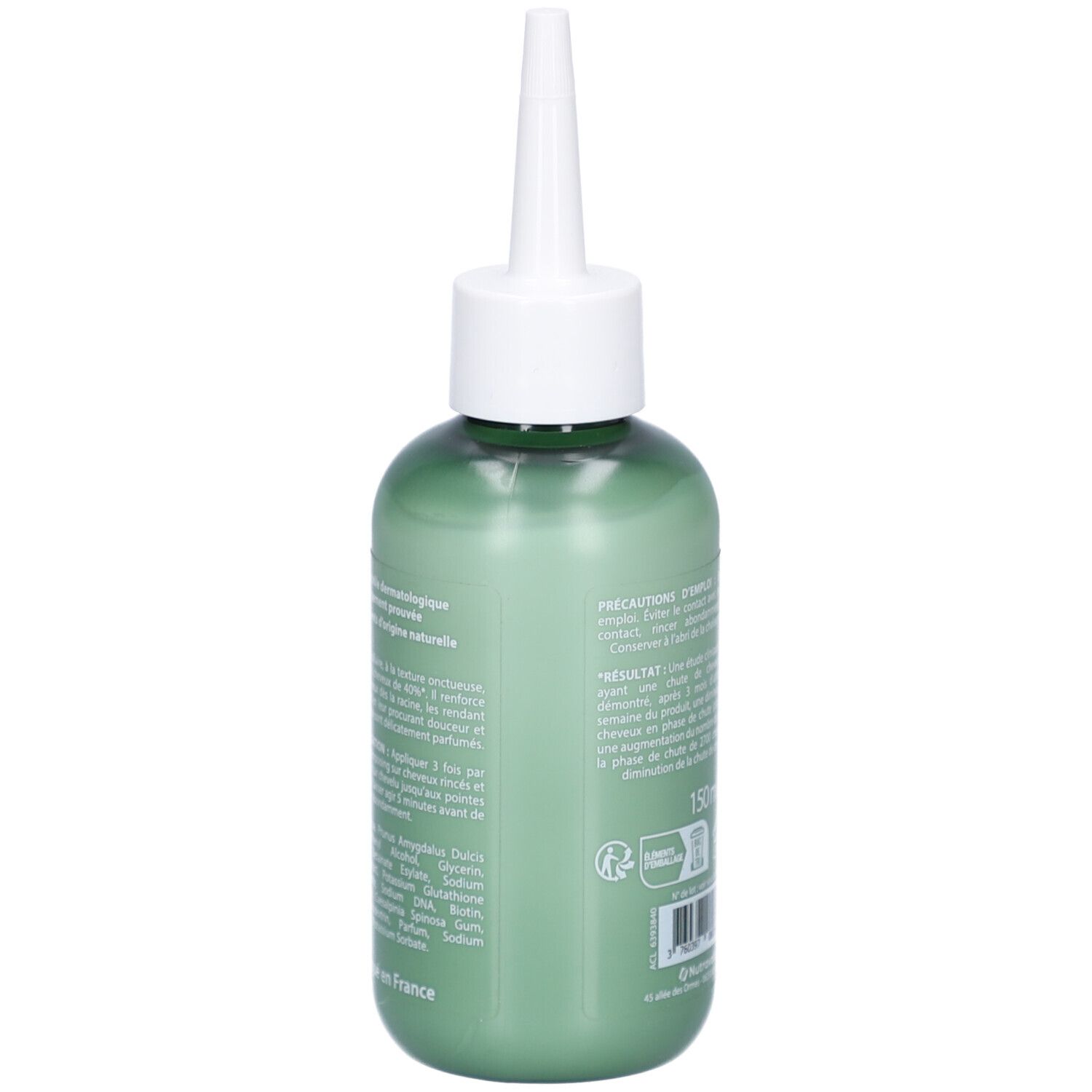 Dos du flacon vert avec applicateur blanc. Texte et ingrédients. Fabriqué en France. Logo de matériau recyclable.