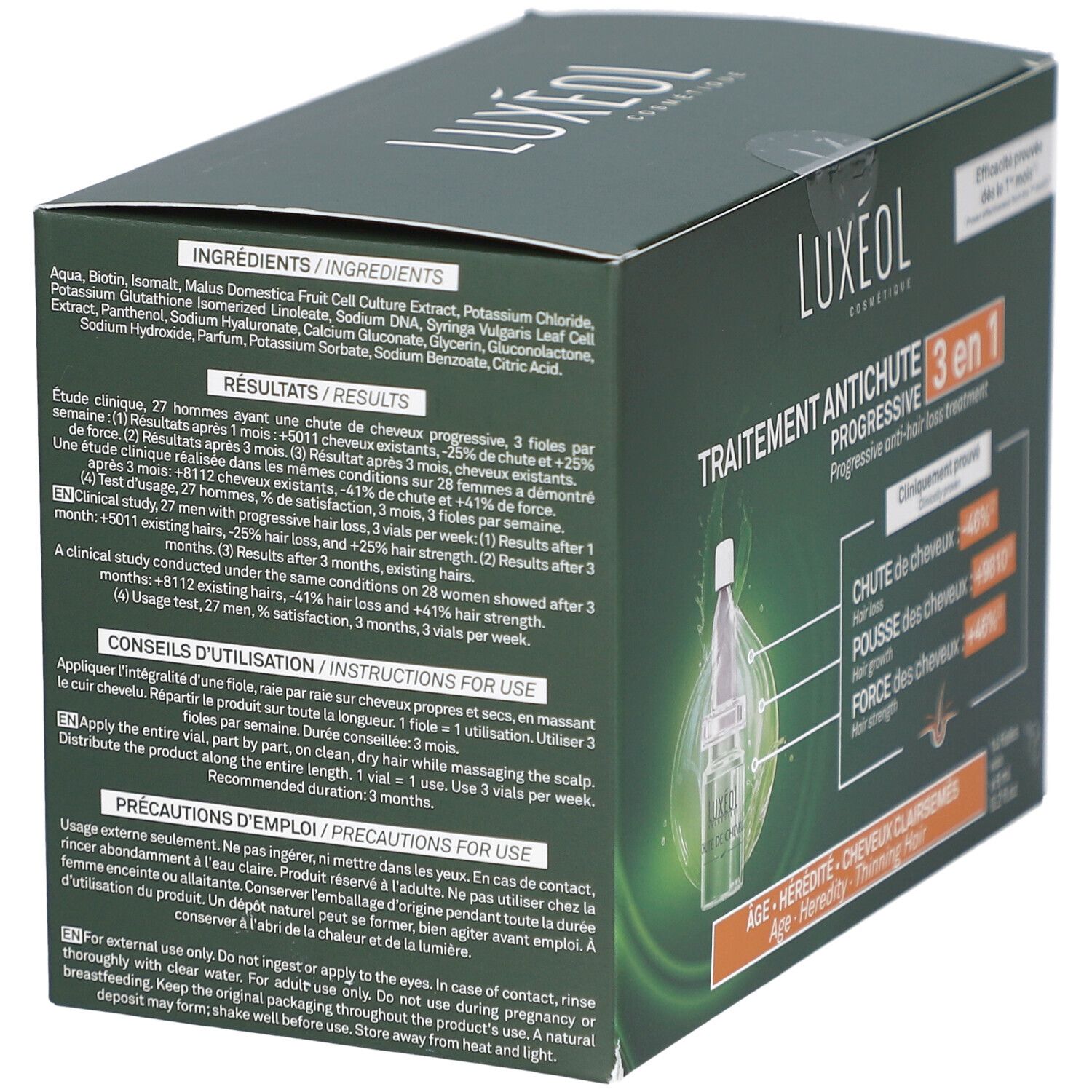Dos de la boîte LUXEOL. Contient ingrédients, résultats, mode d'emploi et précautions. Texte en plusieurs langues.