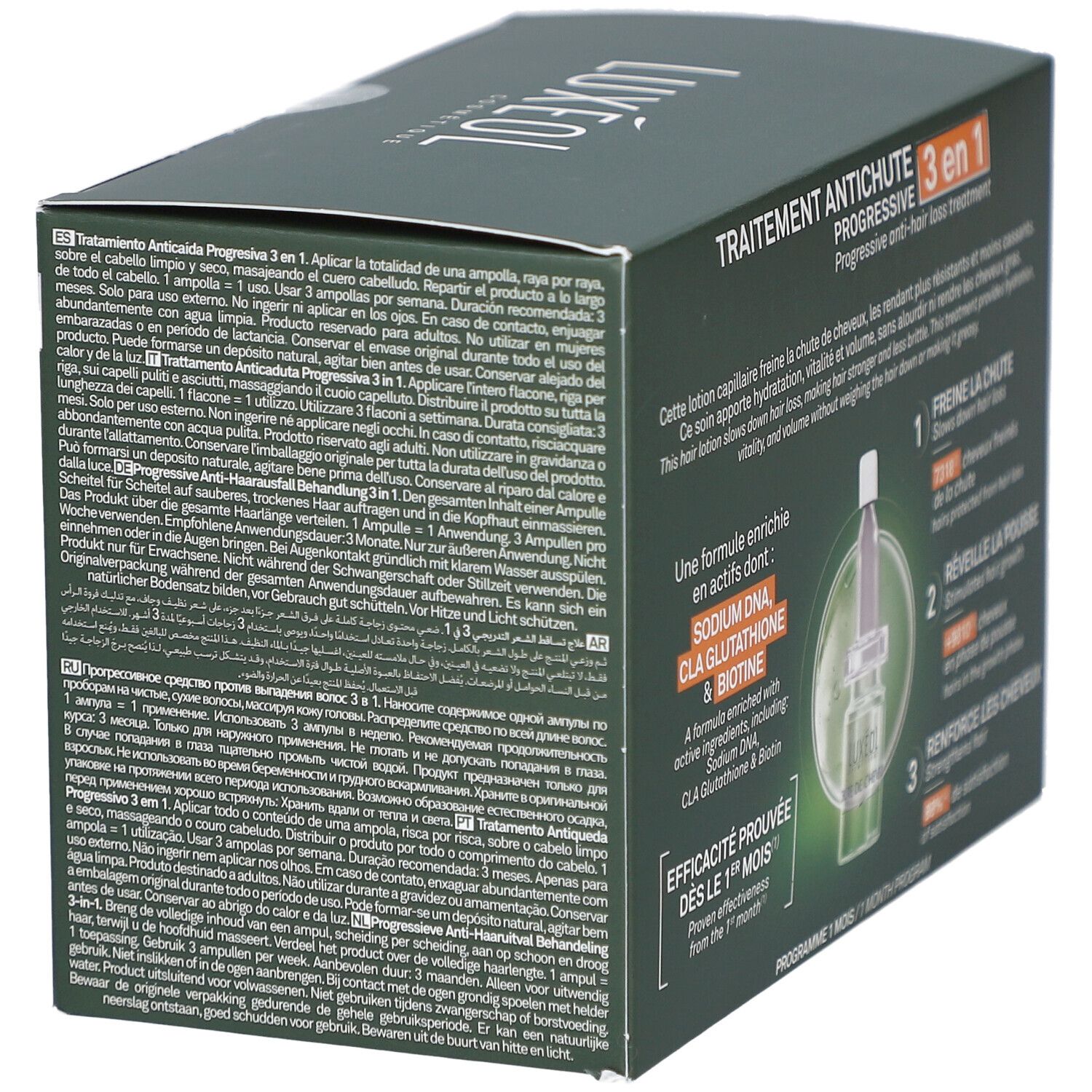 Dos de la boîte LUXEOL. Traitement antichute 3 en 1. Texte multilingue. Contient des informations sur l'utilisation.