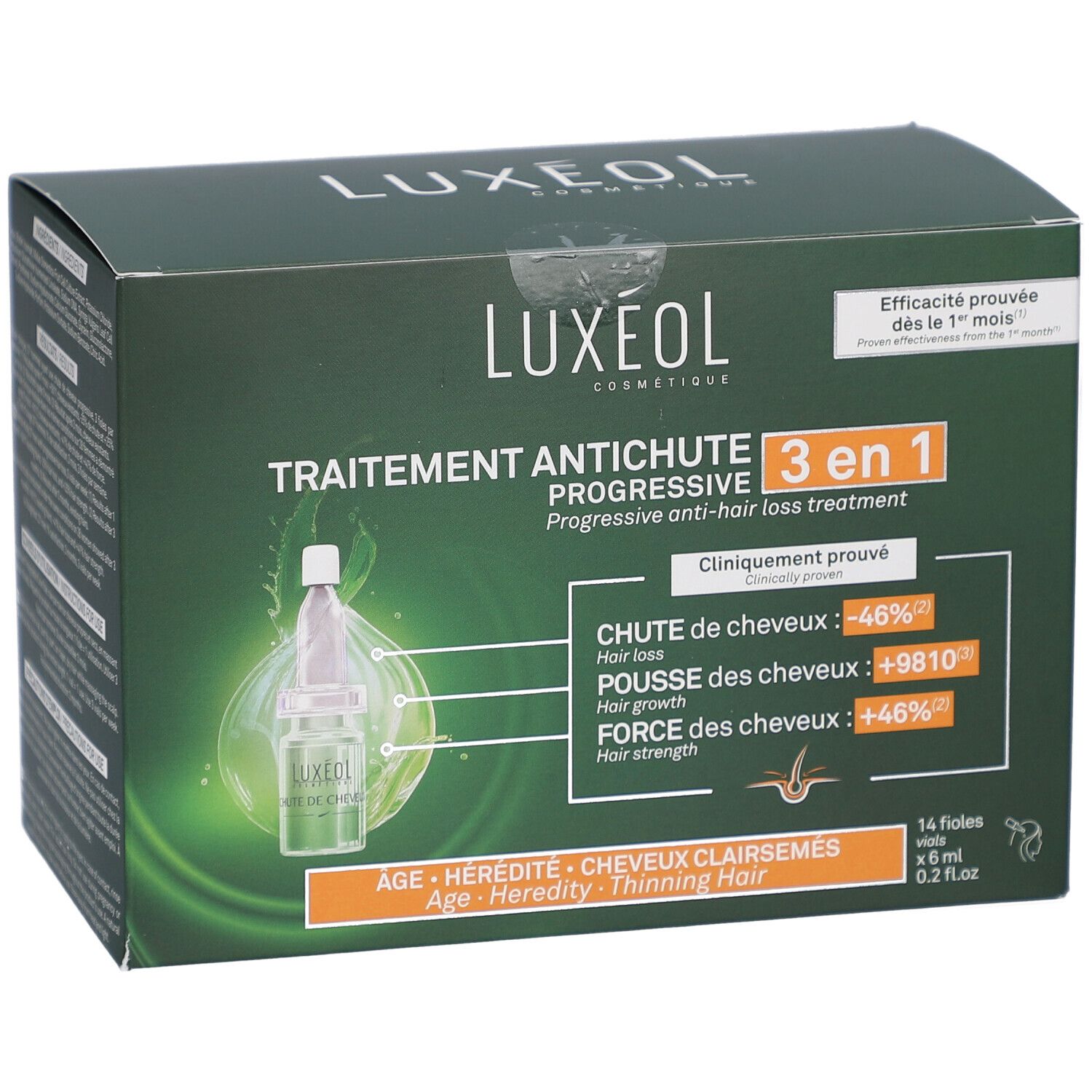 Boîte verte LUXEOL. Traitement antichute 3 en 1. Contient 14 flacons. Efficacité prouvée. Réduit la chute, favorise la croissance des cheveux.