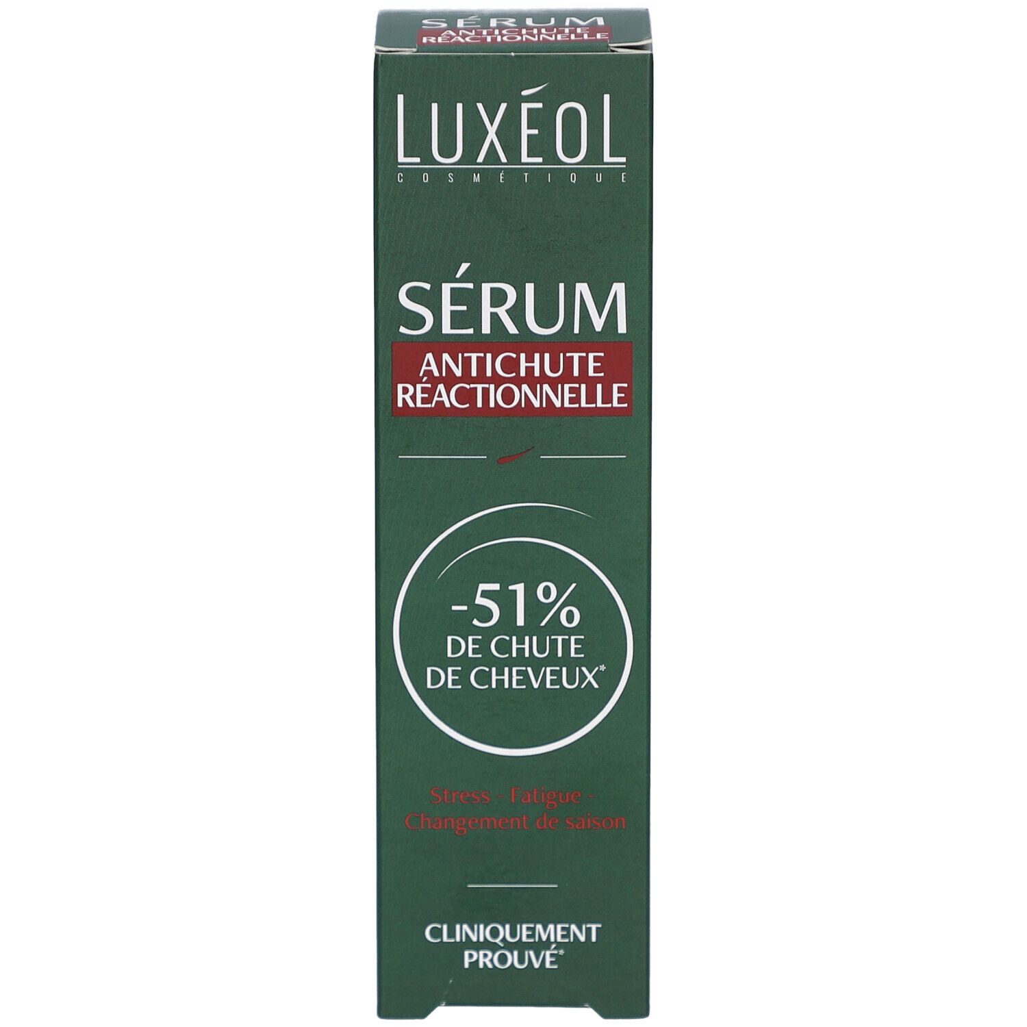 Boîte verte avec sérum antichute. -51% de chute de cheveux. Cliniquement prouvé. Vue du produit.