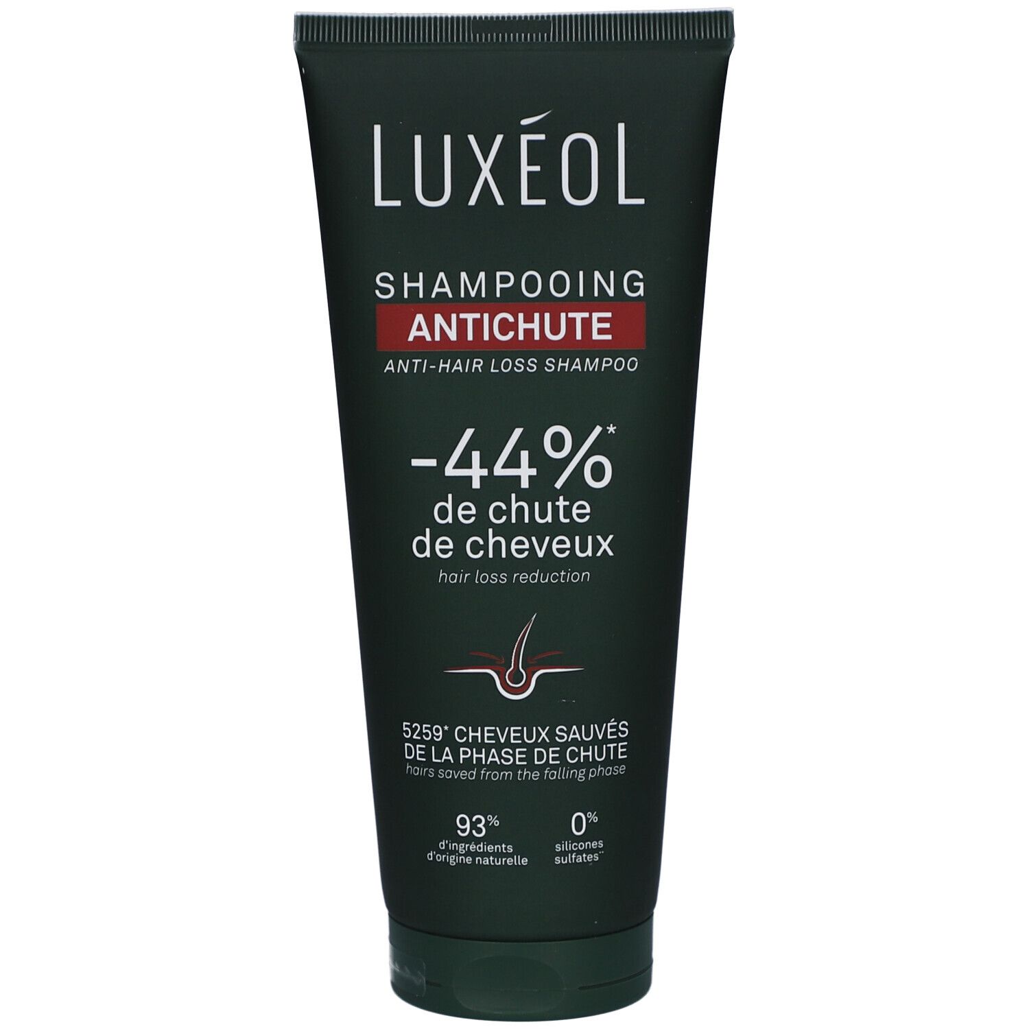 Tube de shampooing LUXEOL noir. Bande rouge avec texte. Réduction de la chute de cheveux -44%. Illustration de cheveux.