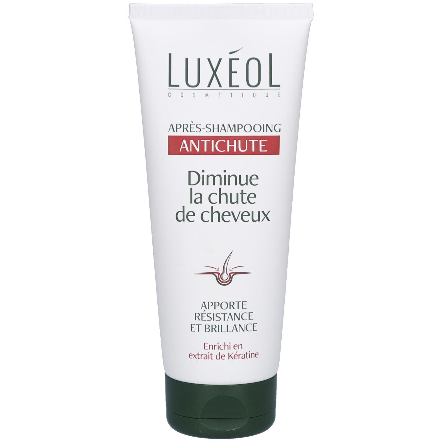 Tube blanc et vert LUXÉOL. Inscription: APRÈS-SHAMPOOING ANTICHUTE. Texte: Diminue la chute de cheveux. Enrichi en kératine.