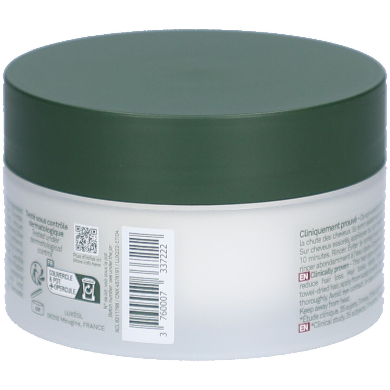 Runde Dose mit grünem Deckel. Aufschrift: Couvrance & Optique. Enthält eine QR-Code und eine Chargennummer.