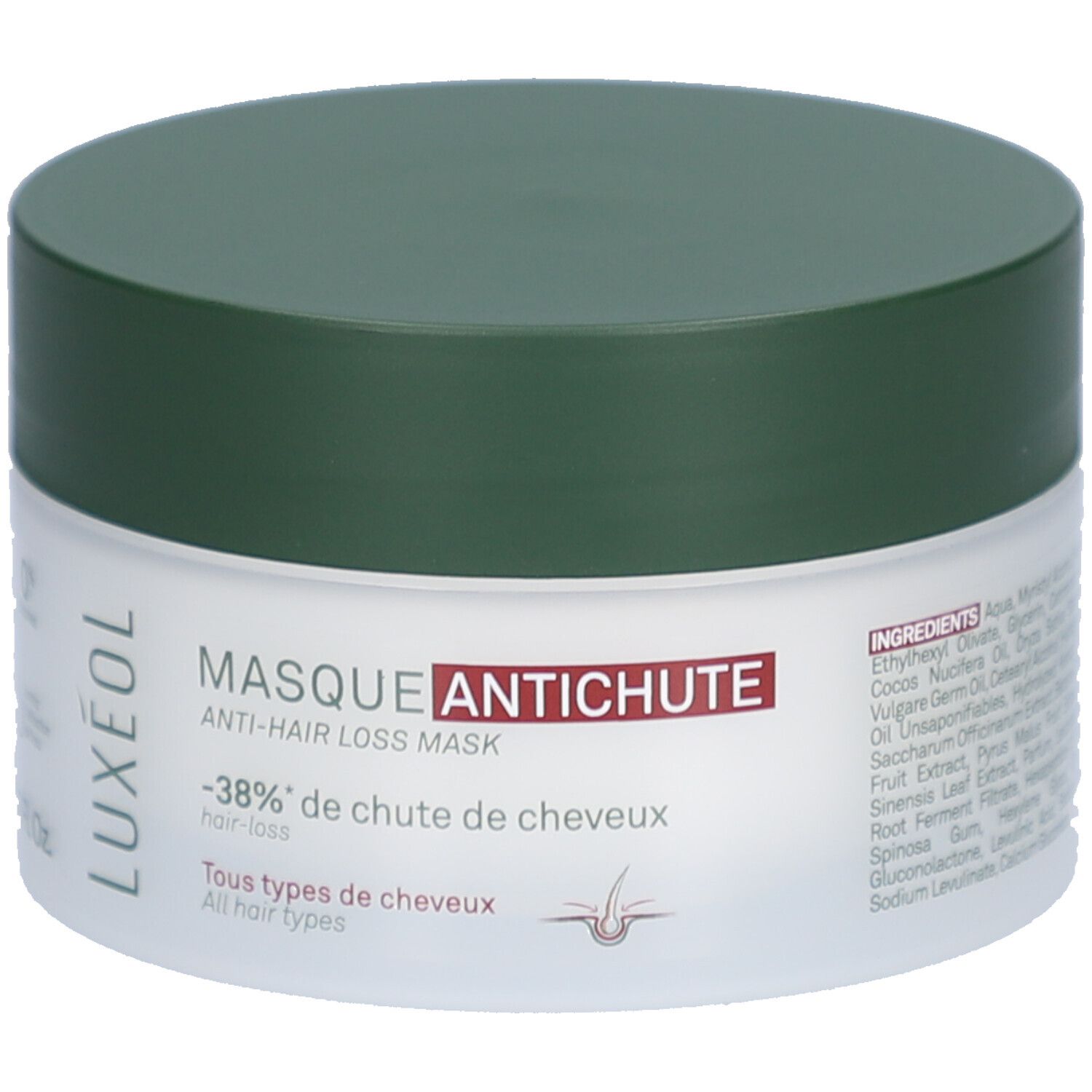 Runde Dose mit grünem Deckel. Aufschrift: MASQUE ANTICHUTE, Anti-Haarausfall Maske. Enthält Inhaltsstoffe.