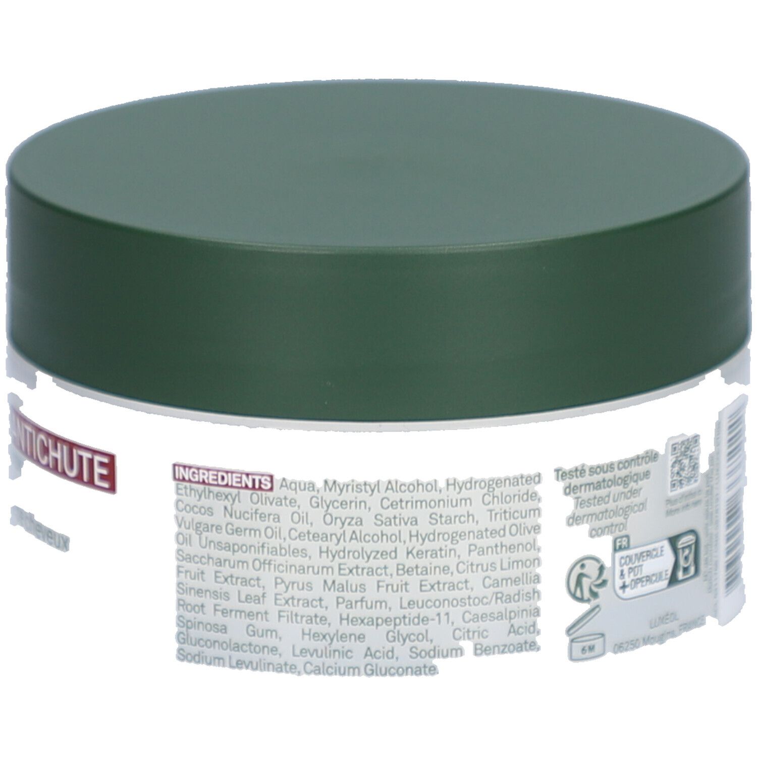 Runde Dose mit grünem Deckel. Enthält Inhaltsstoffe. Text: Getestet unter dermatologischer Kontrolle.