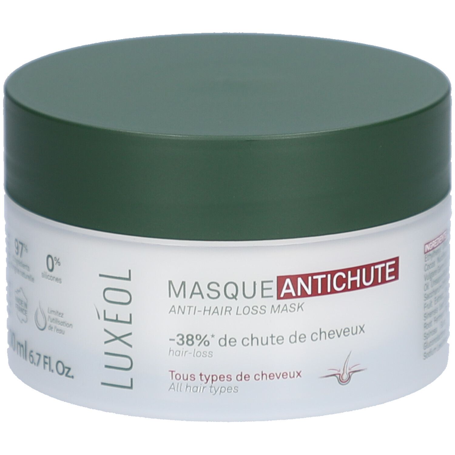 Runde Dose mit grünem Deckel. Aufschrift: MASQUE ANTICHUTE, Anti-Haarausfall Maske. Enthält 97% natürliche Inhaltsstoffe.