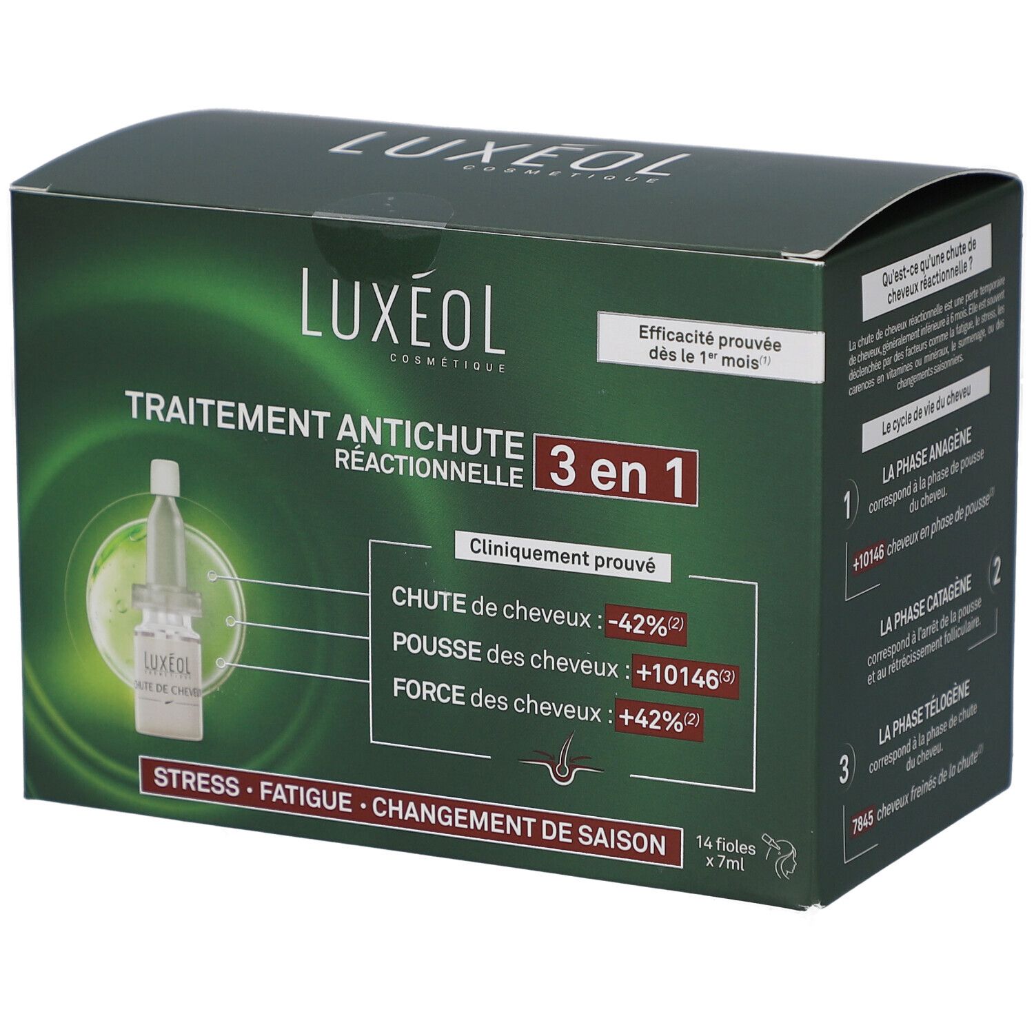 Boîte verte Luxéol. Texte: Traitement antichute réactionnelle 3 en 1. Contient 14 flacons. Efficacité prouvée dès le 1er mois.