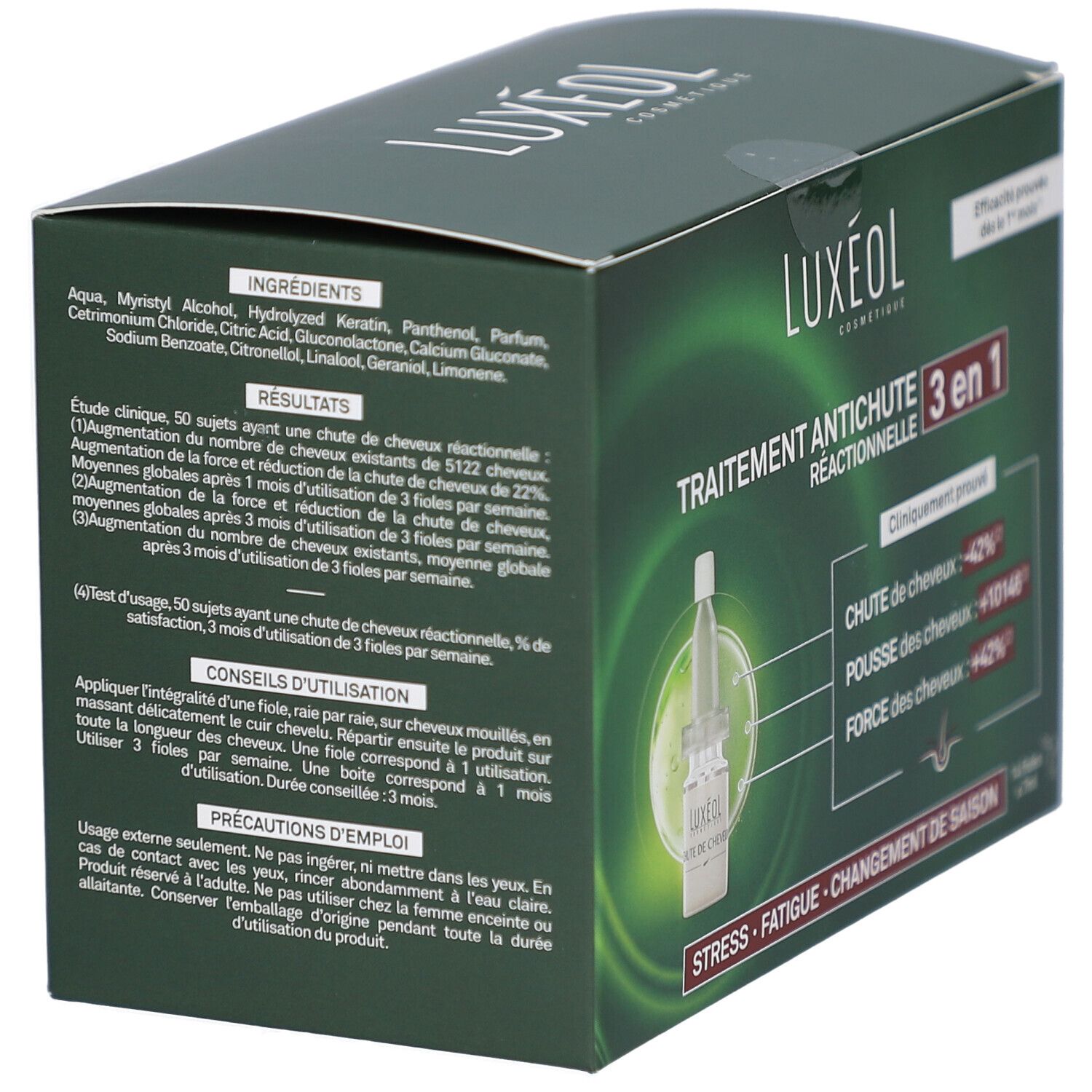 Boîte verte Luxéol. Ingrédients et conseils d'utilisation. Texte: Traitement antichute réactionnelle 3 en 1. Efficacité prouvée.