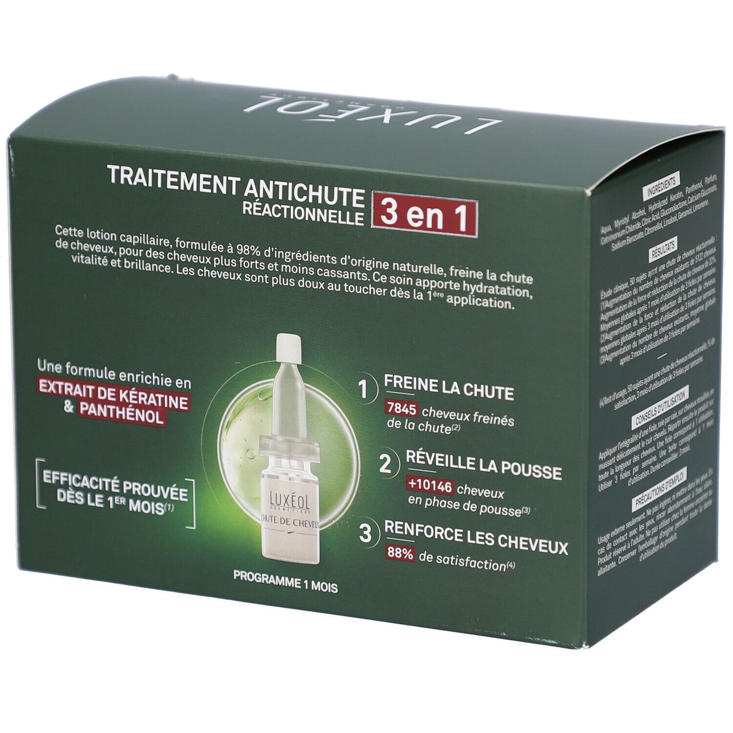 Boîte verte Luxéol. Texte: Traitement antichute réactionnelle 3 en 1. Contient kératine & panthénol. Efficacité prouvée.
