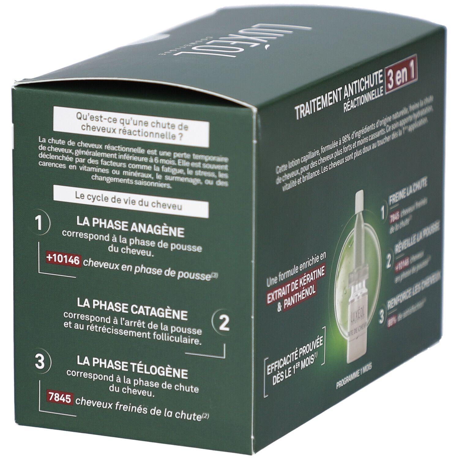 Boîte verte Luxéol. Texte: Traitement antichute réactionnelle 3 en 1. Informations sur le cycle de vie des cheveux.