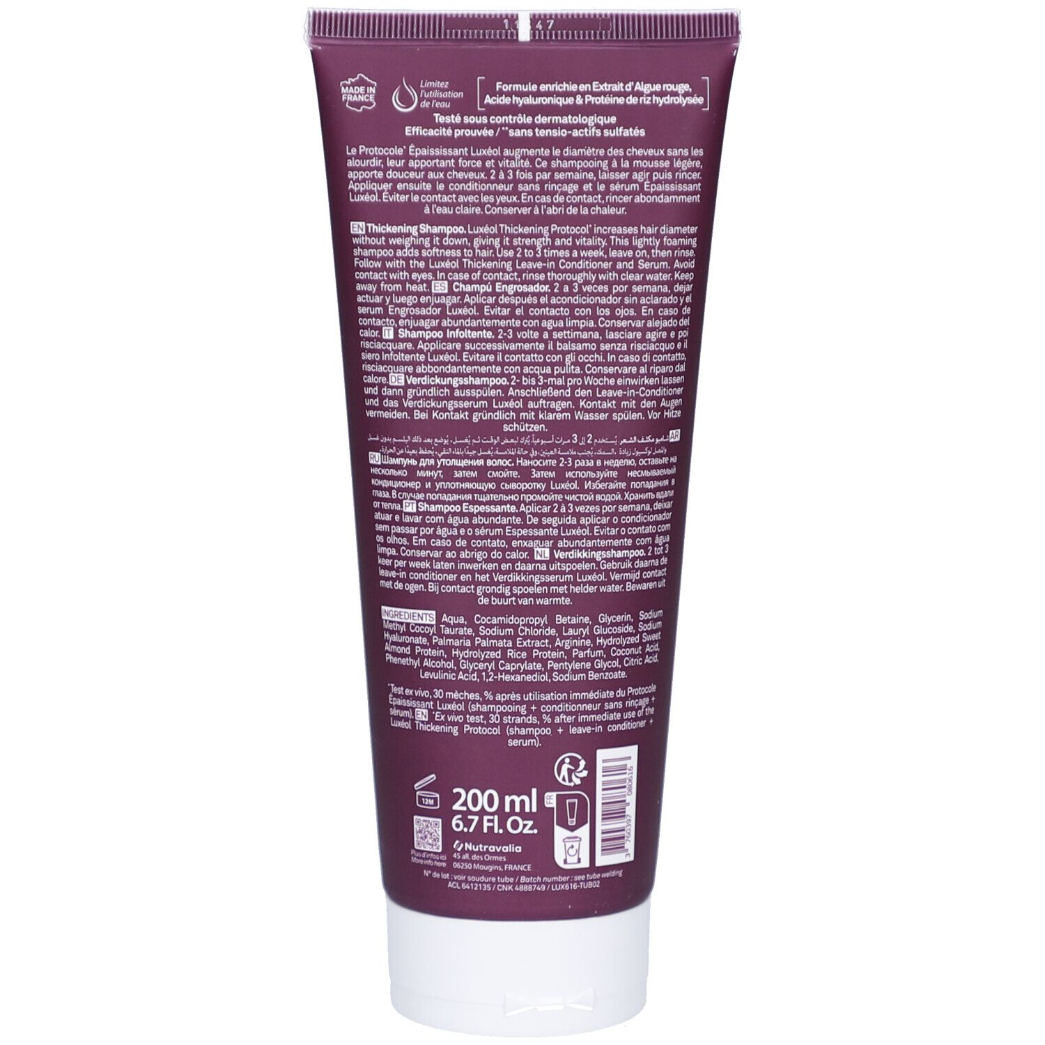 Rückseite der Tube. Text in mehreren Sprachen. Enthält 200 ml. Barcode und andere Informationen.