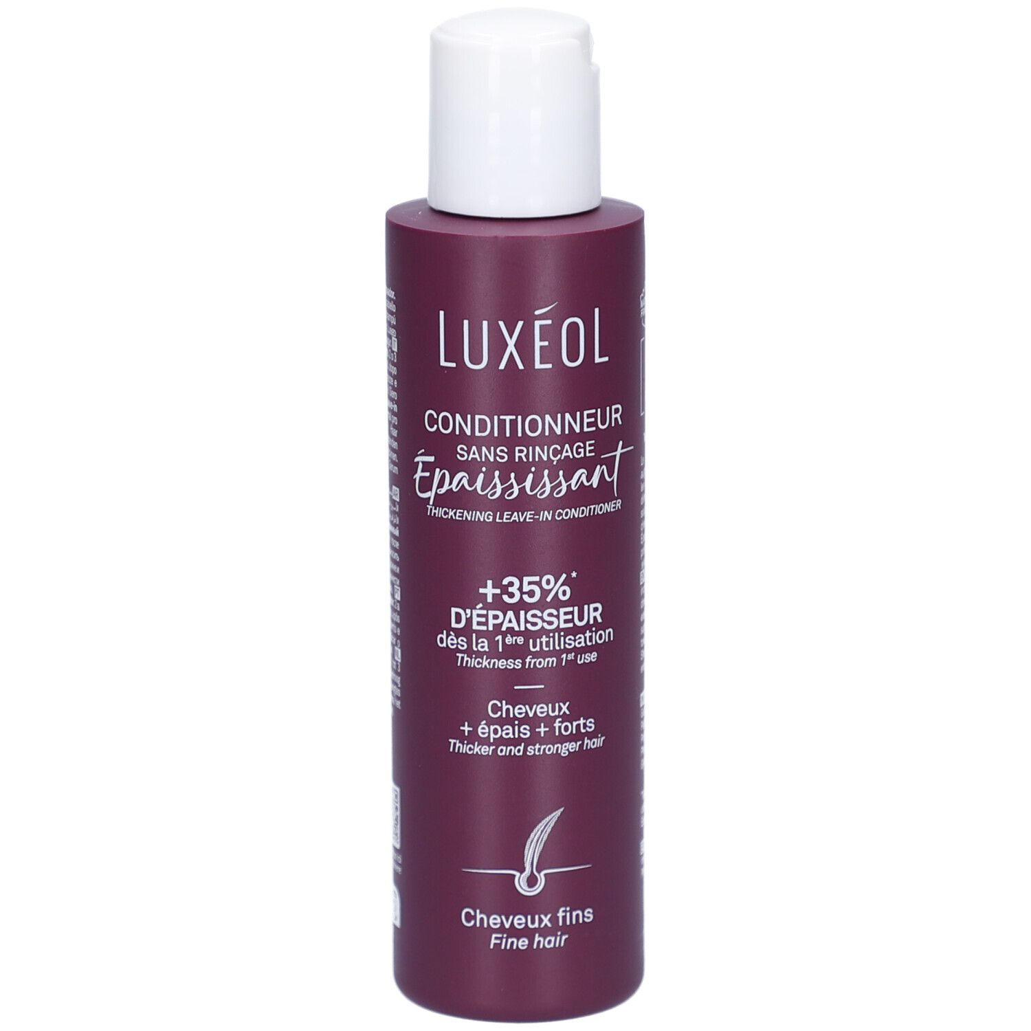 Flasche LUXÉOL Conditionneur Épaississant. Weißer Deckel, dunkelrote Flasche. Text: Conditionneur Sans Rinçage Épaississant, +35% D'ÉPAISSEUR.