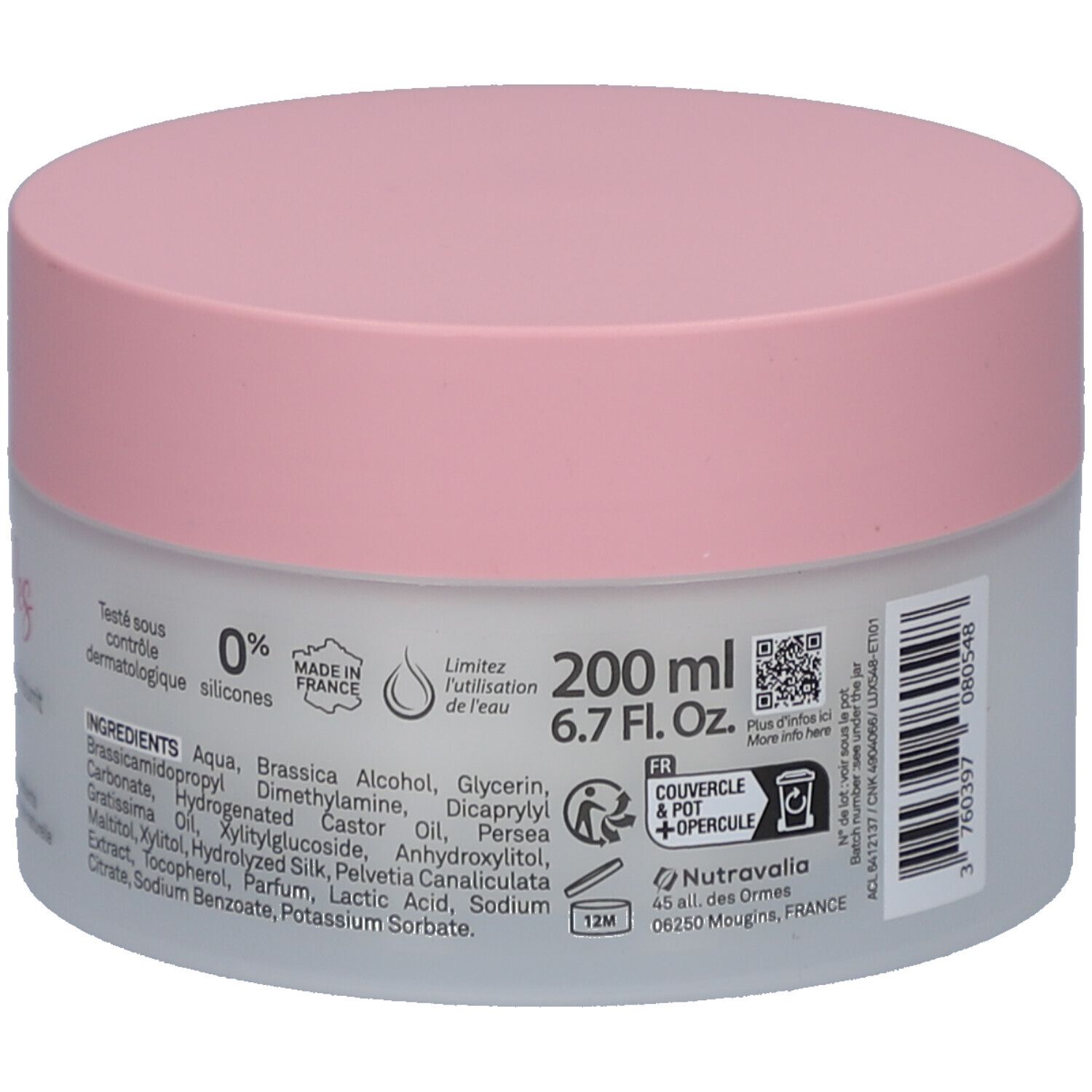Pot rond avec couvercle rose. Texte: 200 ml, 6.7 FL. OZ. Ingrédients. Avec symbole couvercle et pot. Fabriqué en France.